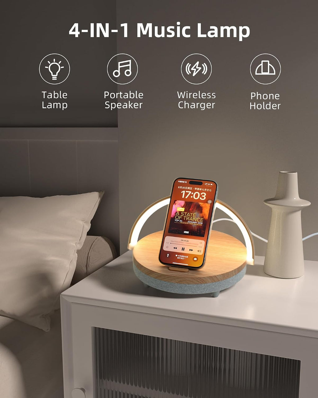 EZVALO Birthday Gifts for Women, Music Table Lamp with Wireless Charger, 4 in 1 Touch Bedside Lamp, Bluetooth Speaker, Phone Holder…