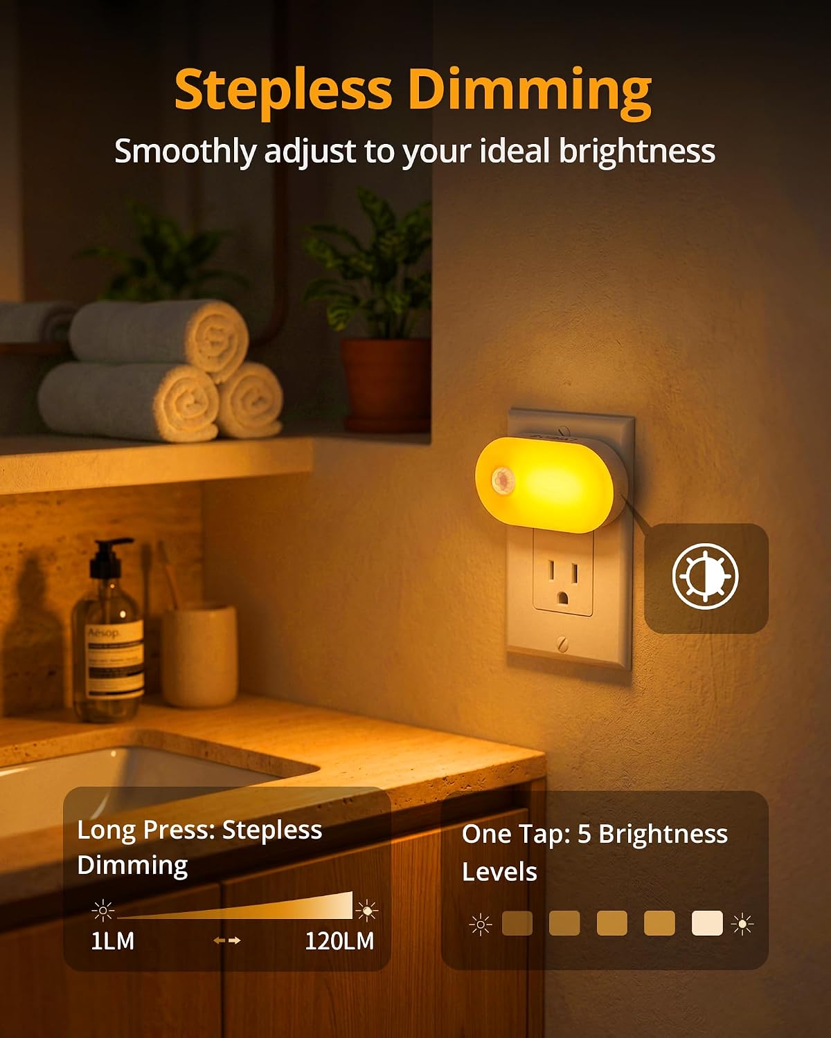 Lyridz 120LM Ultra Bright Plug-in Motion Sensor Night Light, Stepless Dimmable LED Nightlight, Always-On and Auto-Off, for Hallway…