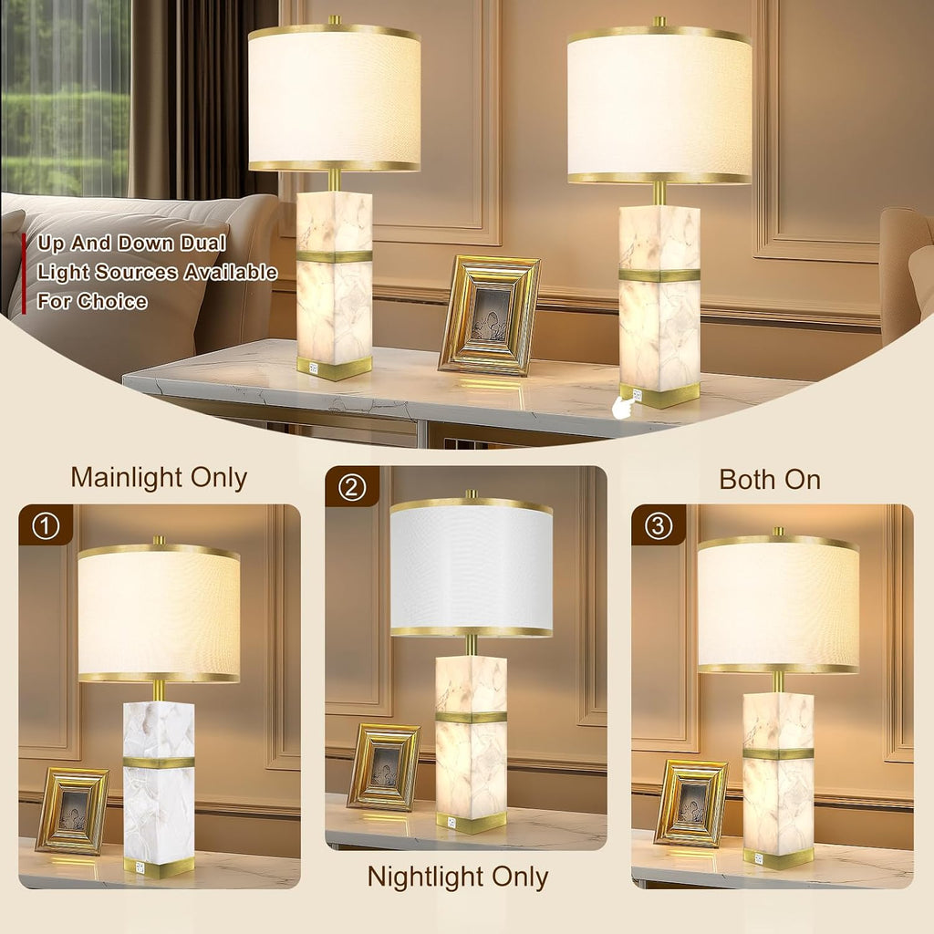 Natural Alabaster Table Lamps Set of 2 - Table Lamp with Night Light for Bedroom, Nightstand Lamps with USB Ports, Bedside Lamps with Linen…