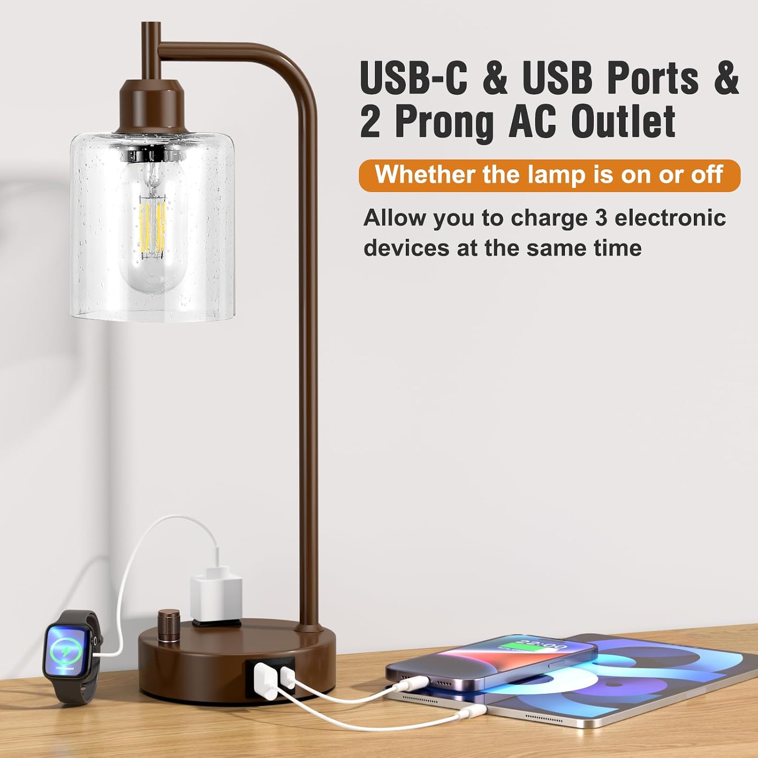 Innqoo Industrial Table Lamps for Bedrooms Set of 2 - Fully Dimmable Bedside Lamps with USB Ports and Outlet, Brown Nightstand Lamps with…