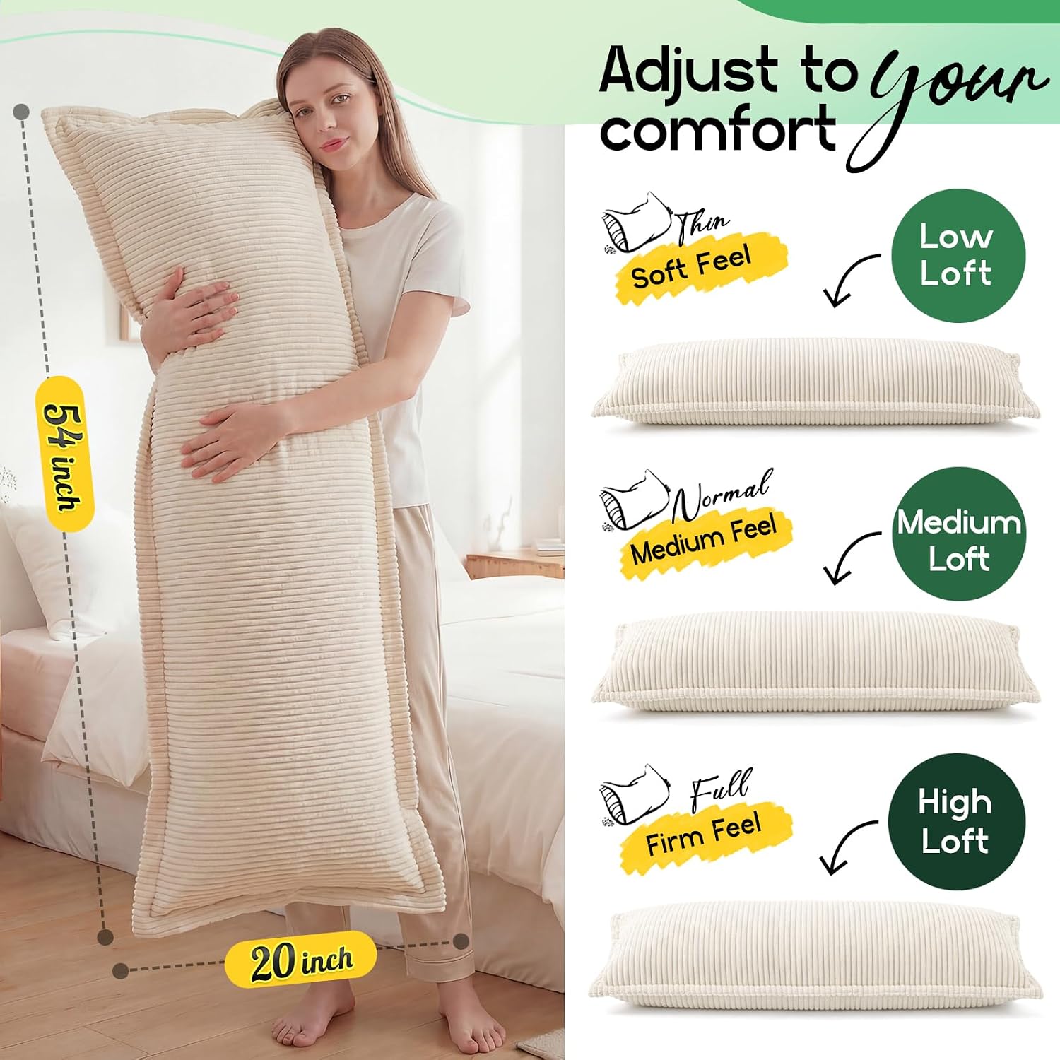 1 MIDDLE ONE Body Pillow, Memory Foam Body Pillows for Adults Sleeping, Long Pillow for Bed, Large Full Body Pillow for Side Sleeper with…