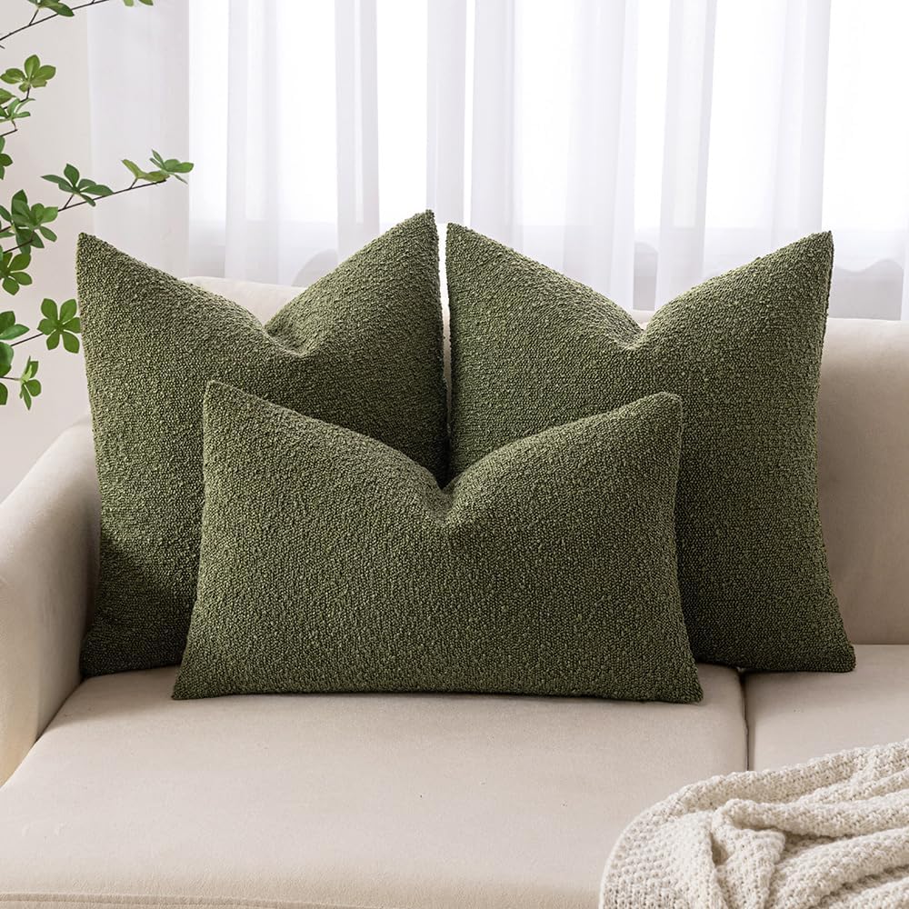Miulee 12x20 Inch Decorative Lumbar Pillow Covers for Couch Bed Set of 2 Textured Boucle Neutral Spring Throw Pillow Covers Olive Moss Gree…