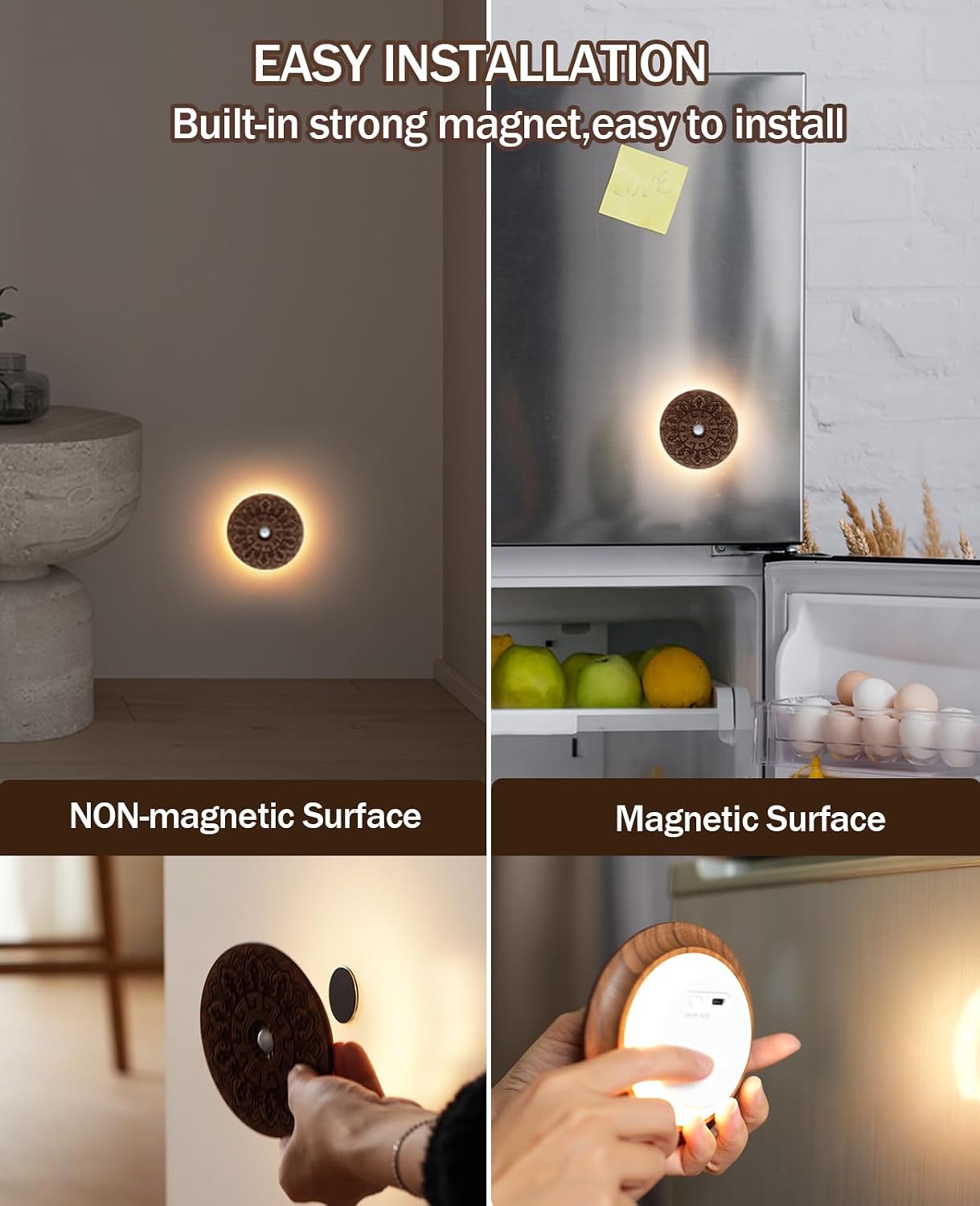 Motion Sensor Night Light Wood USB Rechargeable Stick-On Step Lights Magnetic Small Wall Lights for Hallway Bedroom Living Room Stair…
