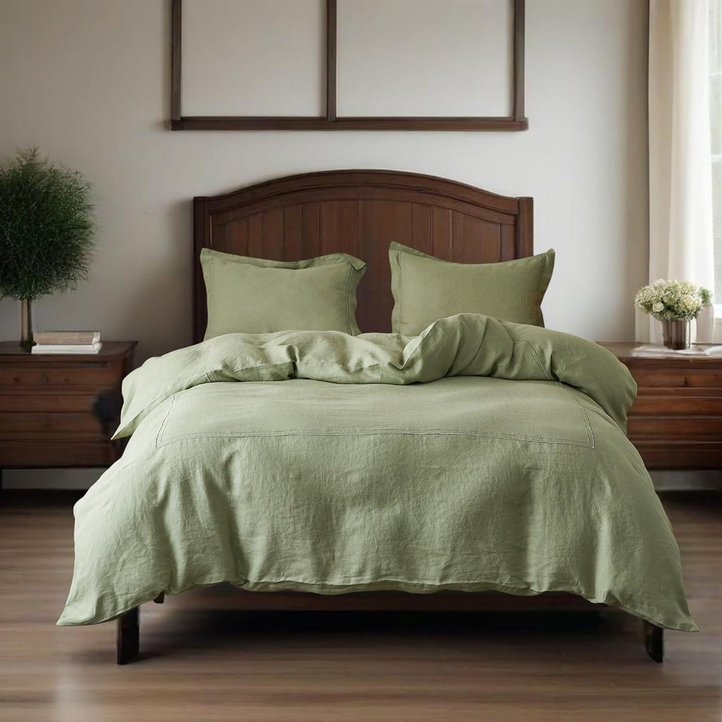Simple&Opulence 100% Washed Linen Duvet Cover Set 68"x86" - 2 Pieces Soft Farmhouse Comforter Set Double Embroidered with Button Closure…