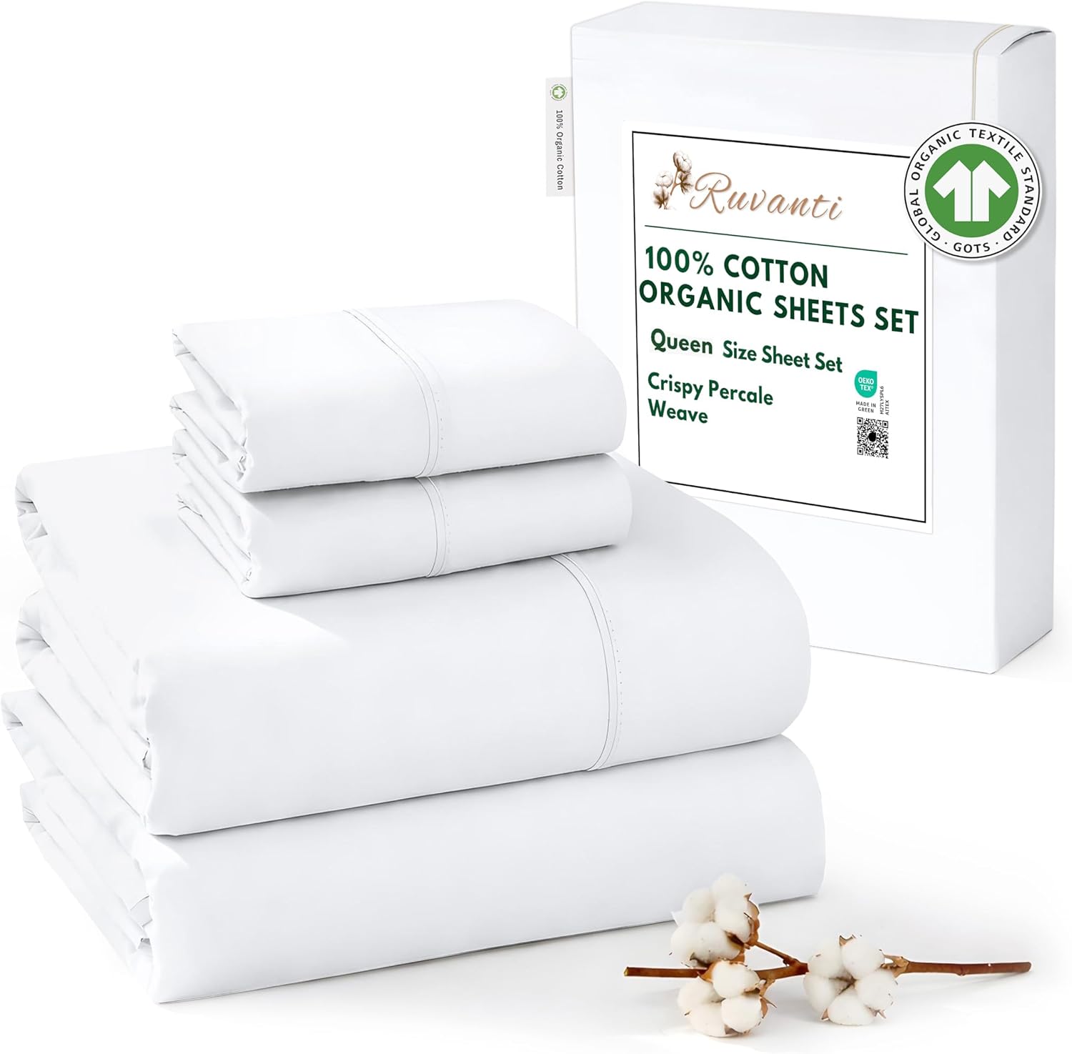 Ruvanti 100% Cotton Organic Percale Sheets Queen Size – Crisp Cooling Bed Sheets for Hot Sleepers, Deep Pocket 15”, Soft Peach Finish, Brea…