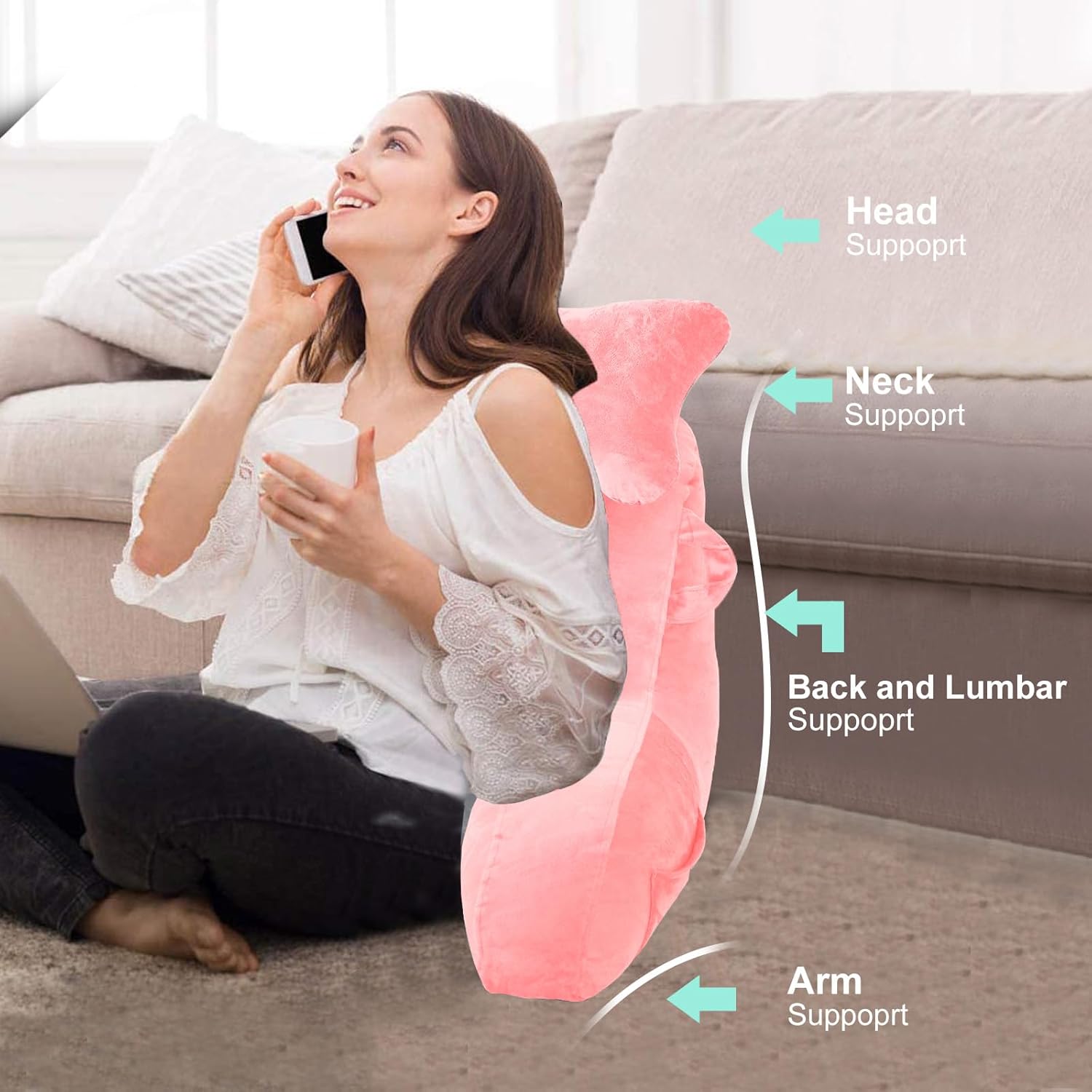 SLIGUY Reading Pillow for Sitting in Bed Couch Adult, Back Pillow with arm Support and Pockets, Adult Back Pillow Bed Chair for Rest…