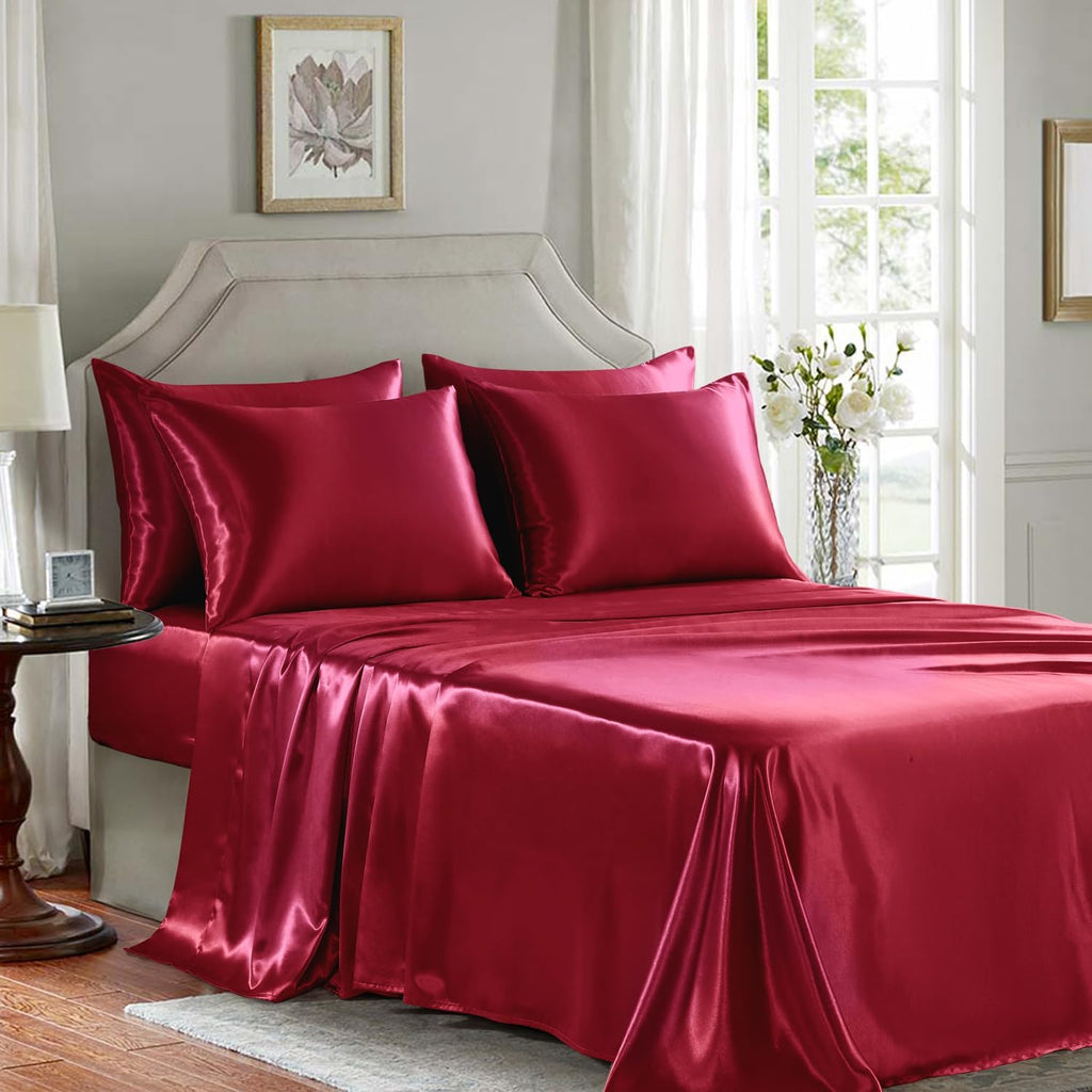 Golal Satin Sheets King Size - 6 Pieces Luxury Silky Soft Bed Sheets, Wrinkle-Free Burgundy Satin Silk Sheet Set with 1 Deep Pocket Fitted…