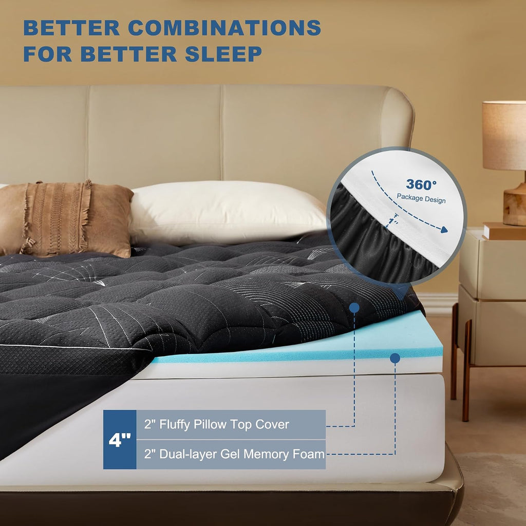 Bedlore 4-Inch Full Mattress Topper for Back Pain - Dual Layer Medium Support (2" Gel Memory Foam + 2" Cooling Fluffy Pillow Top Pad)…
