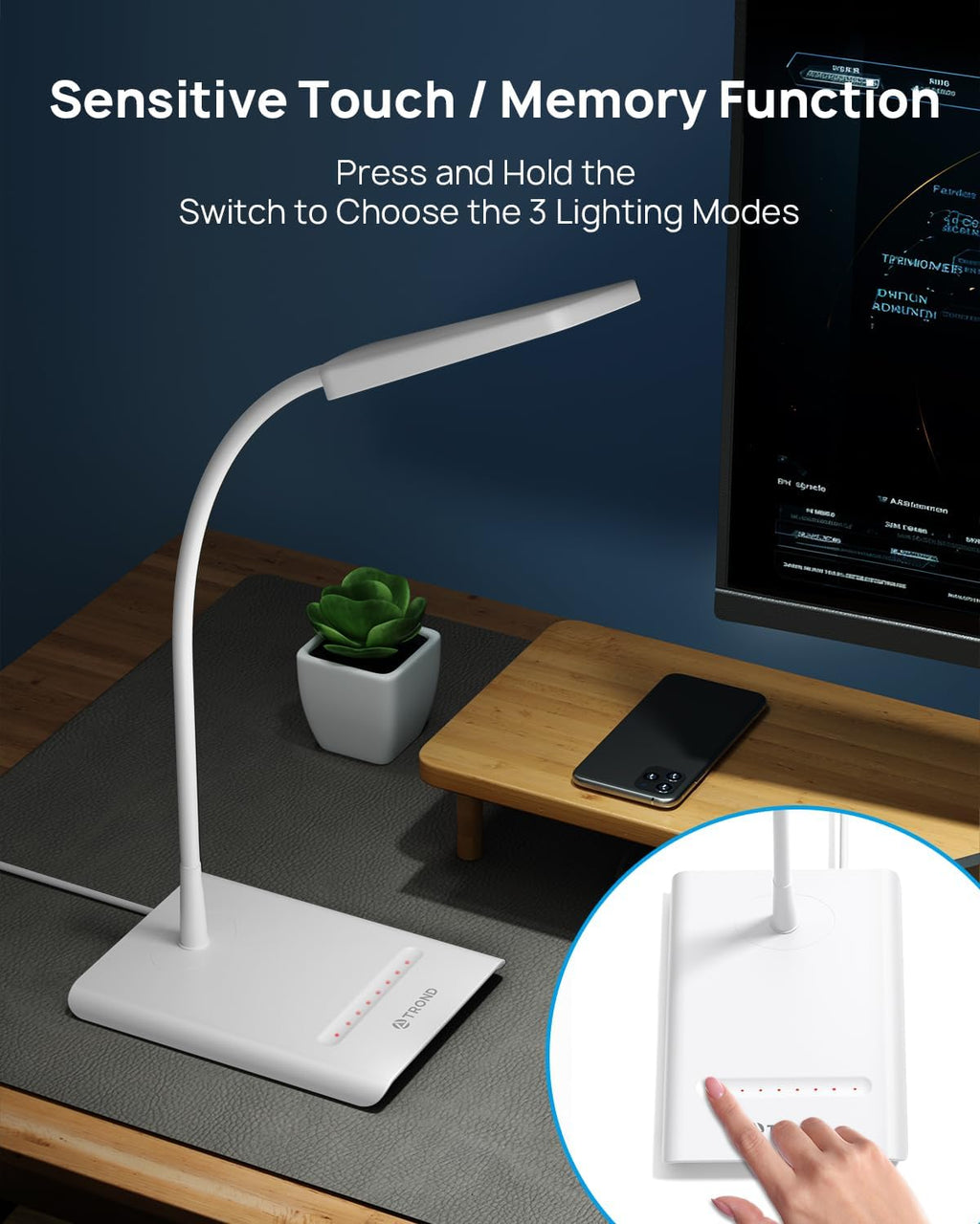 TRONDOfficial TROND Desk Lamp, Bright Dimmable Eye-Caring Table Lamp, 3 Color Modes 7 Brightness Levels, Flexible Gooseneck, Touch Control,…
