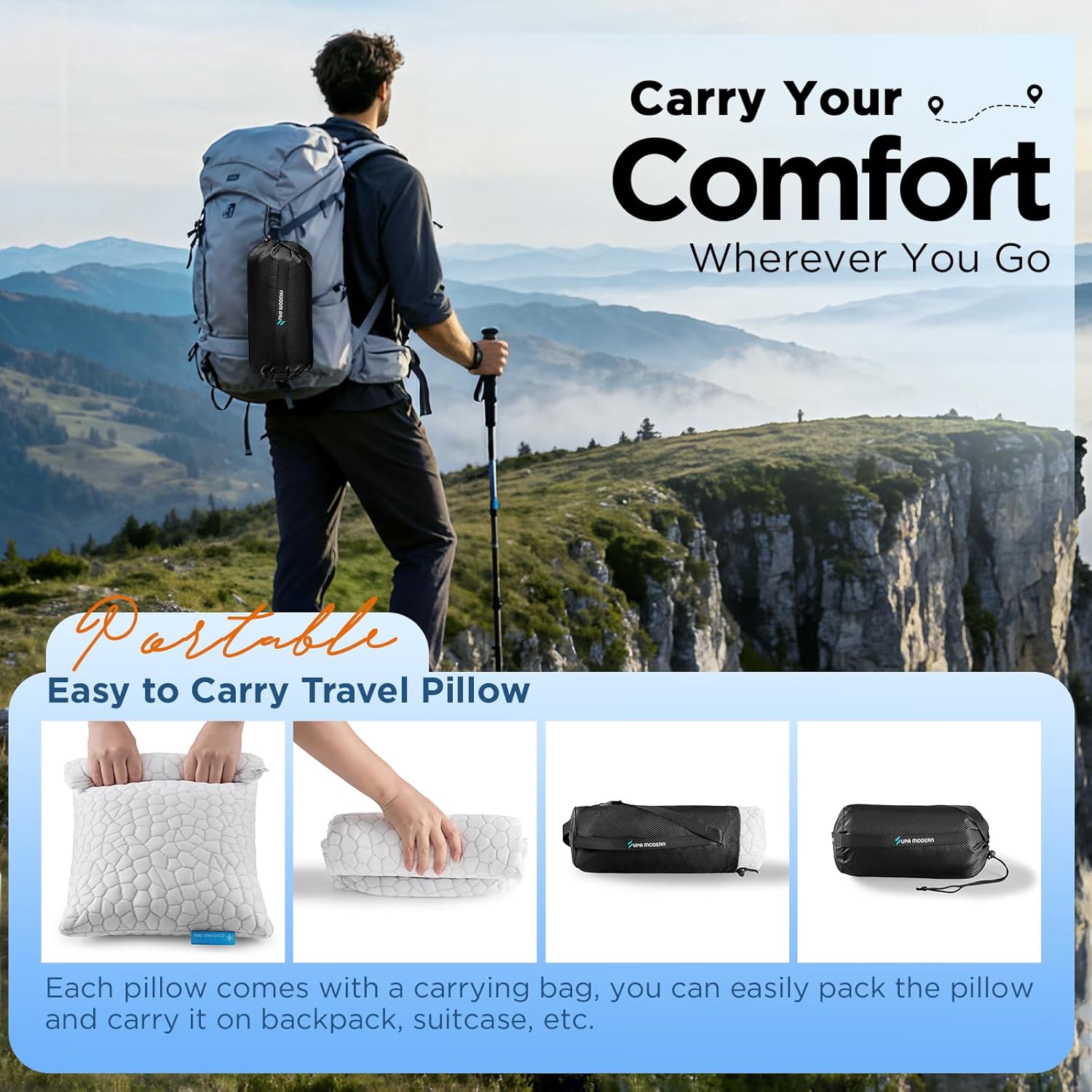 Cooling Pillow Camping Size 1 Pack, Adjustable Bed Pillows for Sleeping, Small Shredded Memory Foam Pillow for Backpacking Hiking…