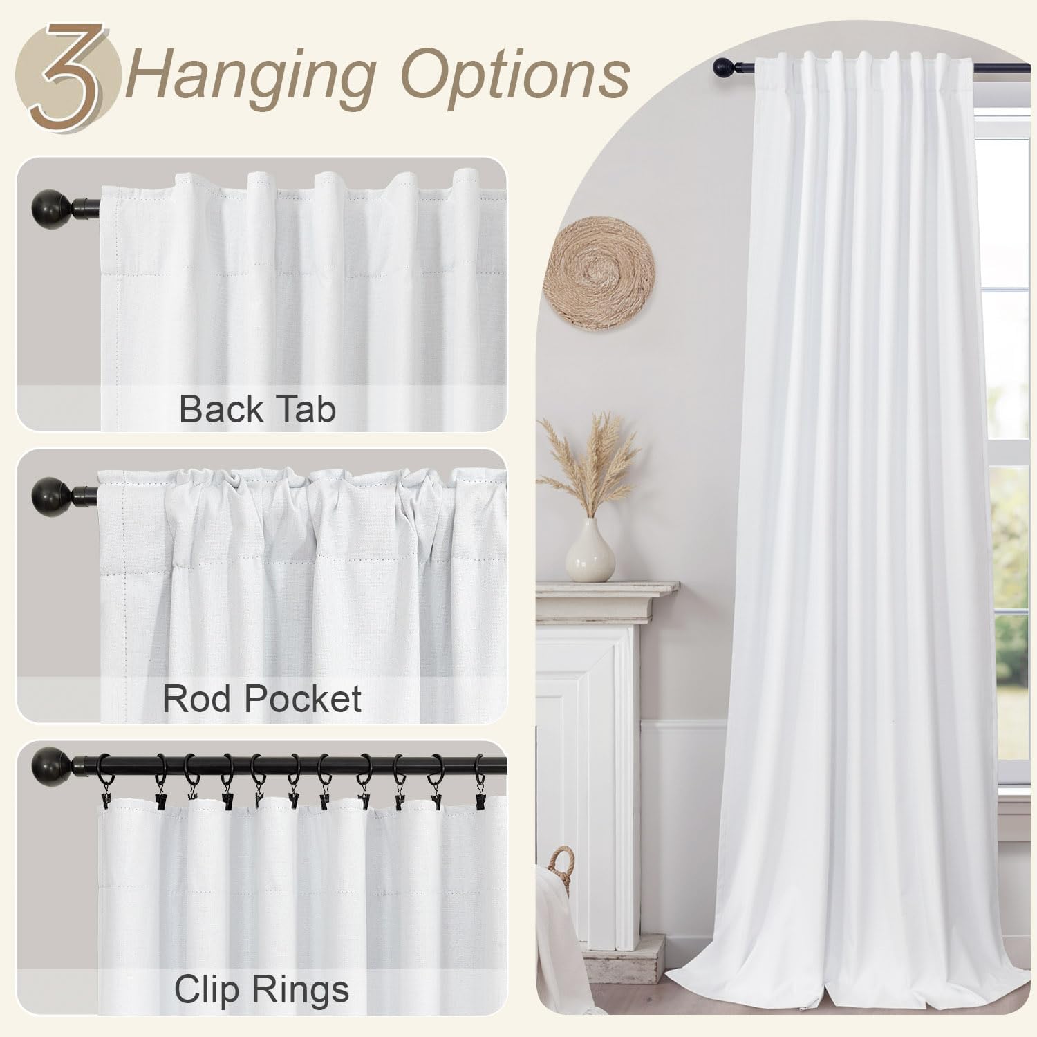 Pitalk White Linen Complete Blackout Curtains 48 Inch Length for Kids Room 2 Panels Light Blocking Thermal Insulated Cold Reducing Noise Re…