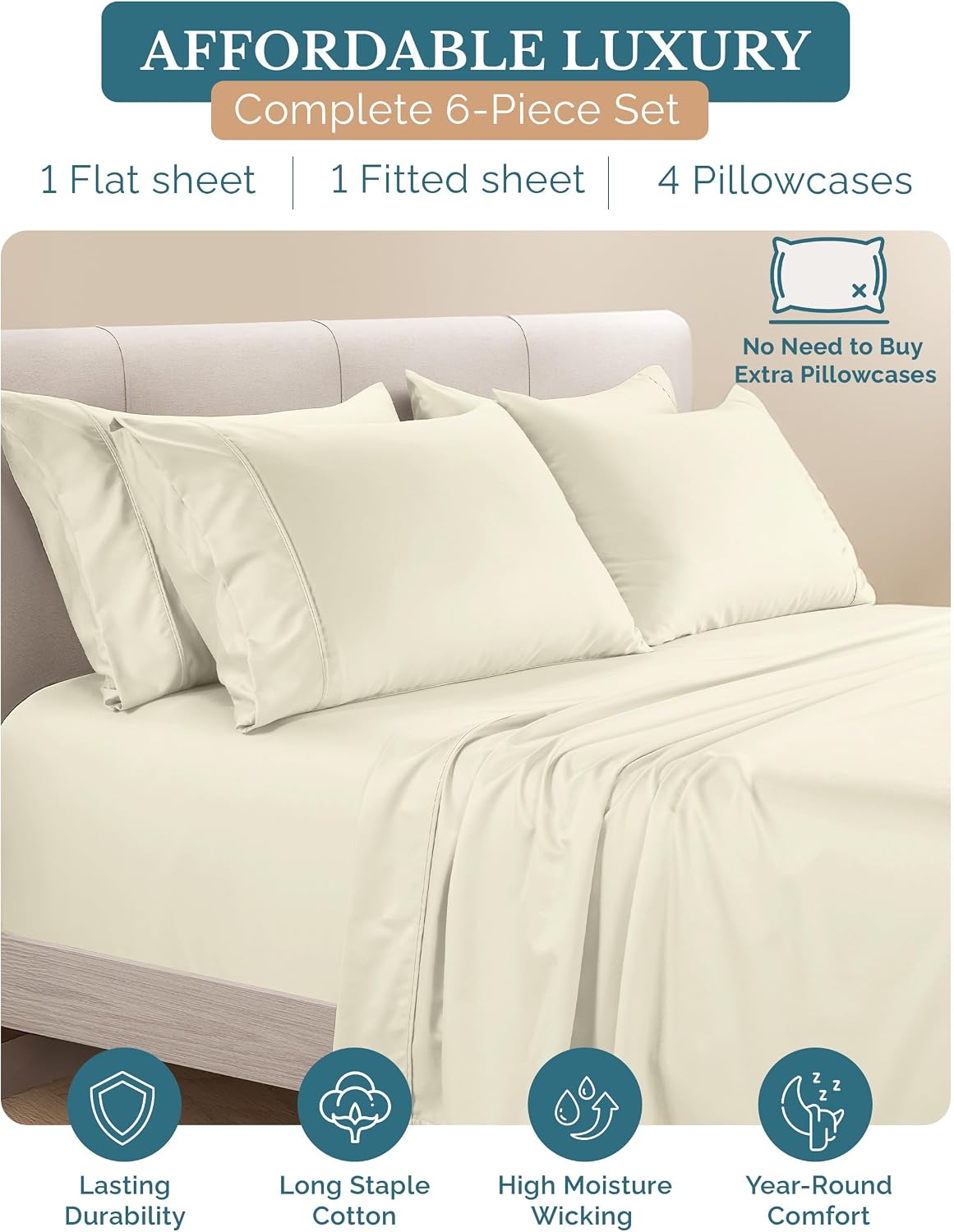 Casa Platino Cal King Size Bed Sheets, 100% Cotton 6 Piece Sheet Set with 500 Thread Count Smooth Sateen Finish, Soft Cotton Sheet Cal…