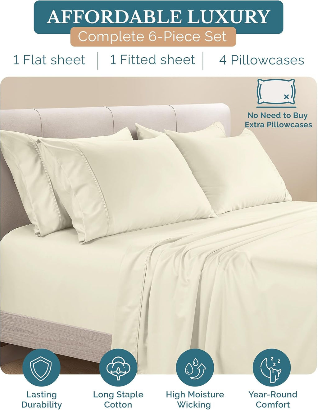 Casa Platino King Size Bed Sheets, 100% Cotton 6 Piece Sheet Set with 500 Thread Count Silky Smooth Sateen Finish, Ultra Soft Cotton…