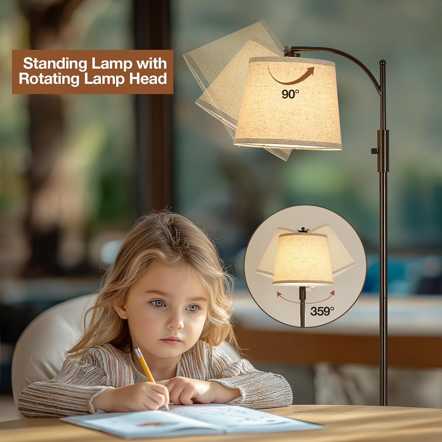AIDENOEY Fully Dimmable Floor Lamp for Living Room, Standing Lamp Rotary Switch with Linen Beige Shade, Brown Tall Lamps for Bedroom with…