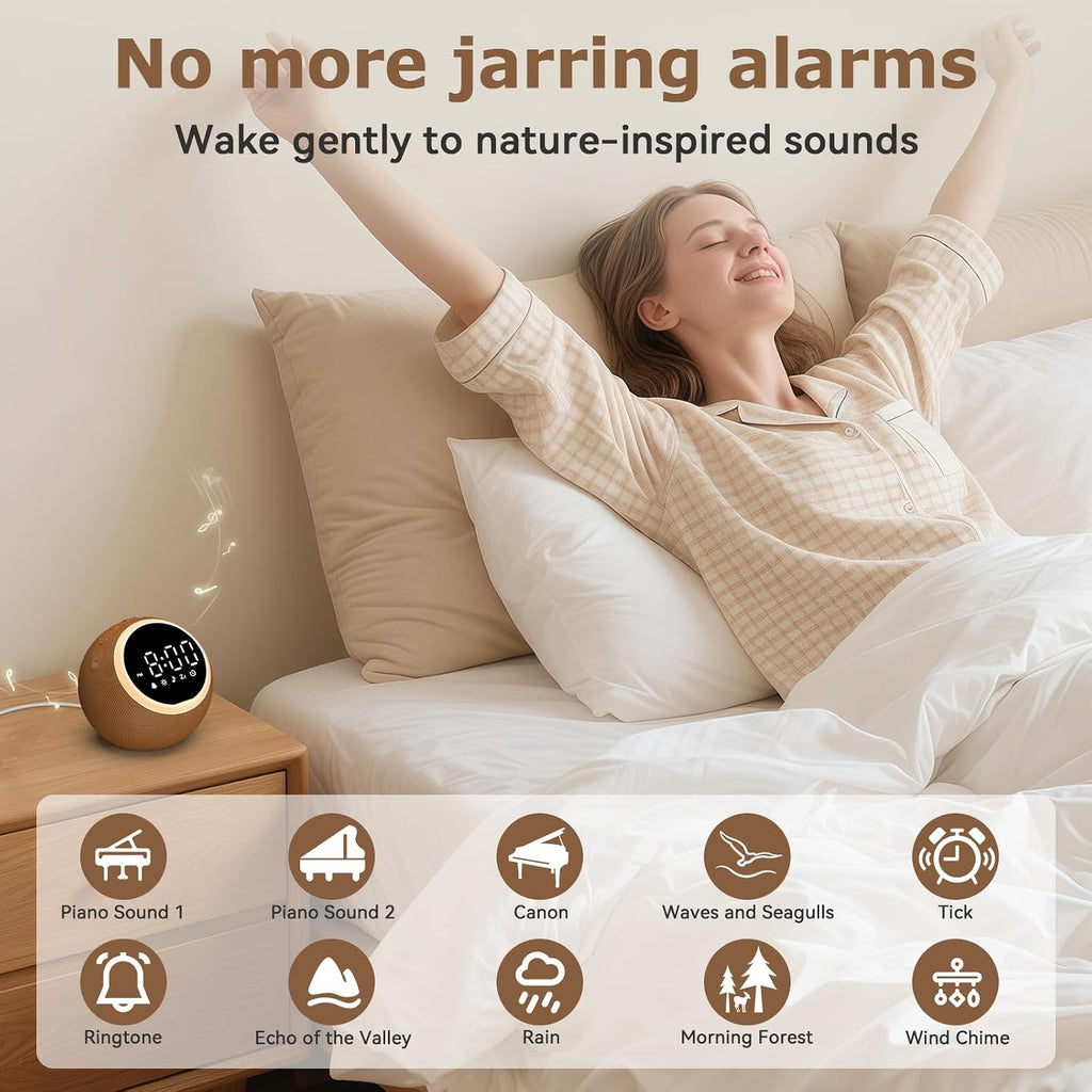 Alarm Clocks with Soft Sounds Machine: 30 Soothing Sounds, 10 Soft Wake-Up Sounds, 32 Adjustable Volume & Timer, Memory Function (Brown)