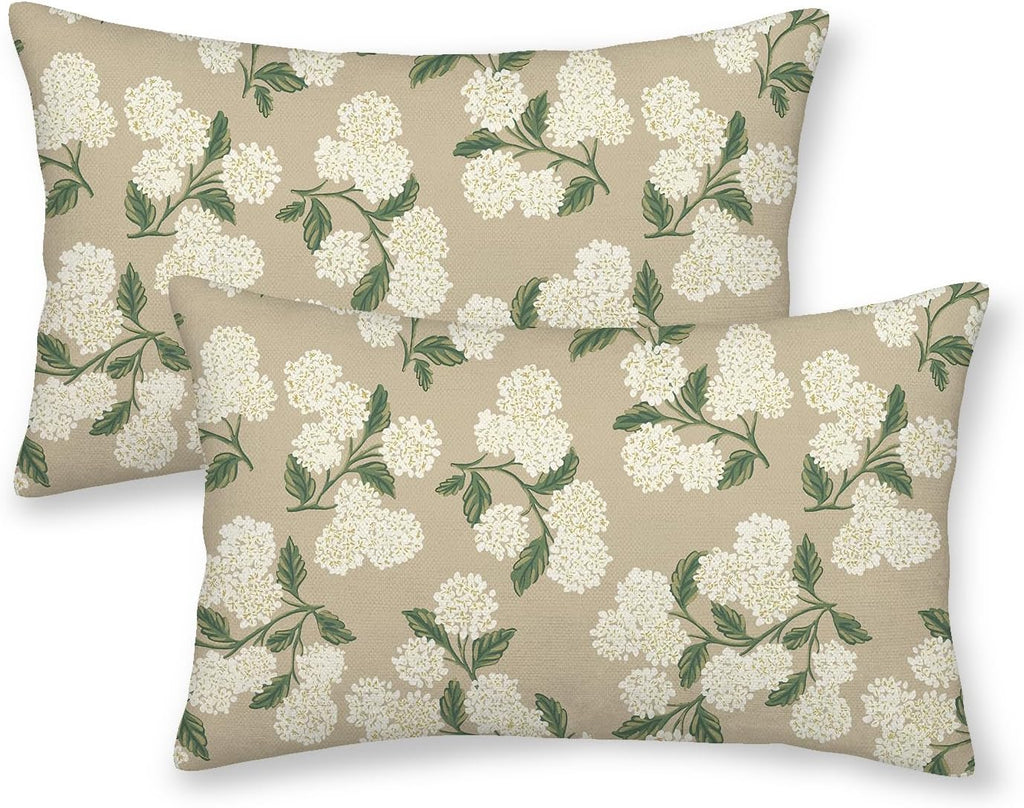 Beige Spring Pillow Covers 12x20 Inch 2 Pcs Khaki Green Hydrangea Flower Decor Throw Pillows Vintage Floral Seasonal Summer Outdoor…
