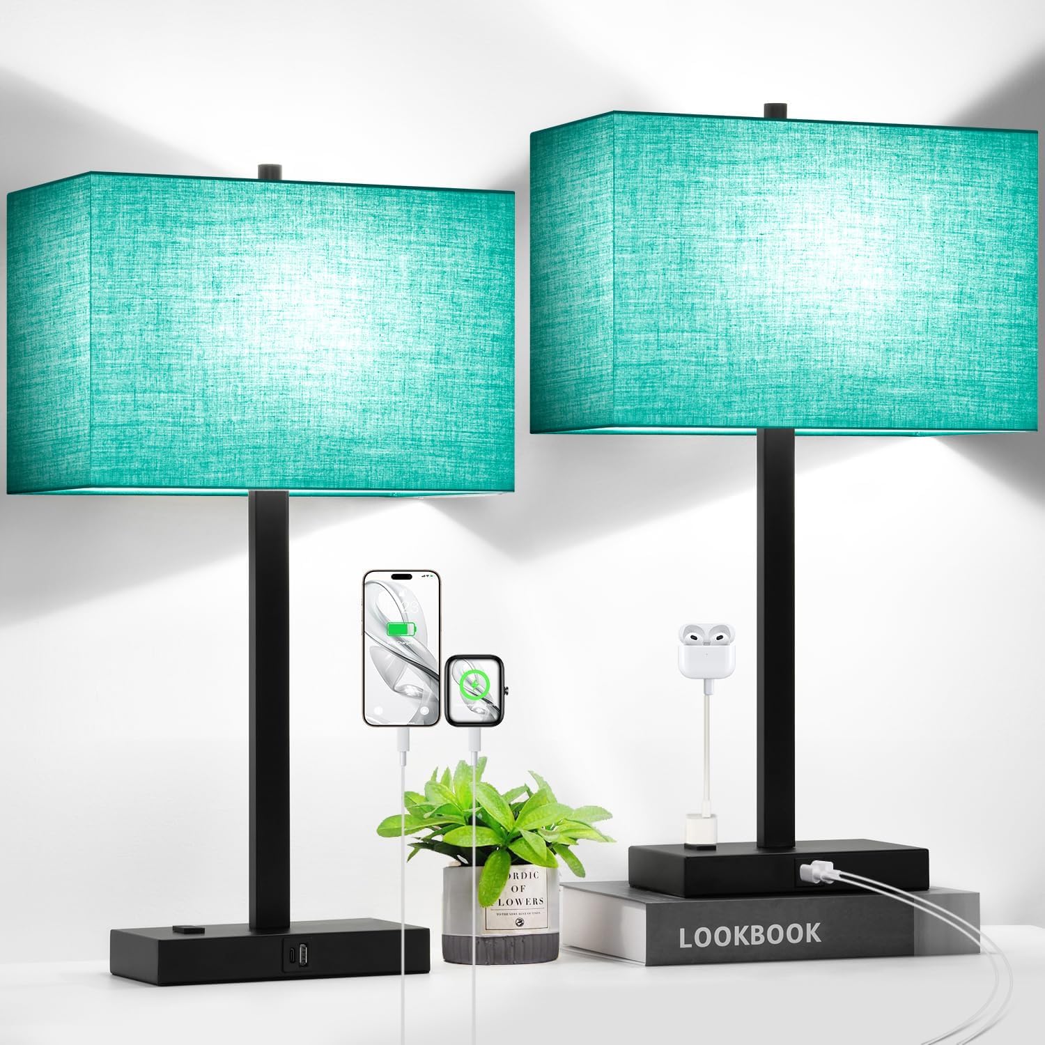 Lynnoland 21" Set of 2 Table lamp with USB A+C & AC Outlets, Touch Control 3-Way Dimmable Nightstand Lamps for Bedroom Living Room Office…