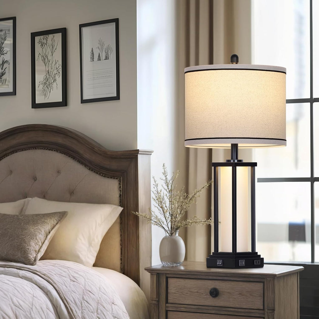 Cinkeda 27" Tall Vintage Table Lamp with USB C+A & Outlet, Black Industrial End Table Lamp for Living Room, Farmhouse Rustic Bedside Lamp…