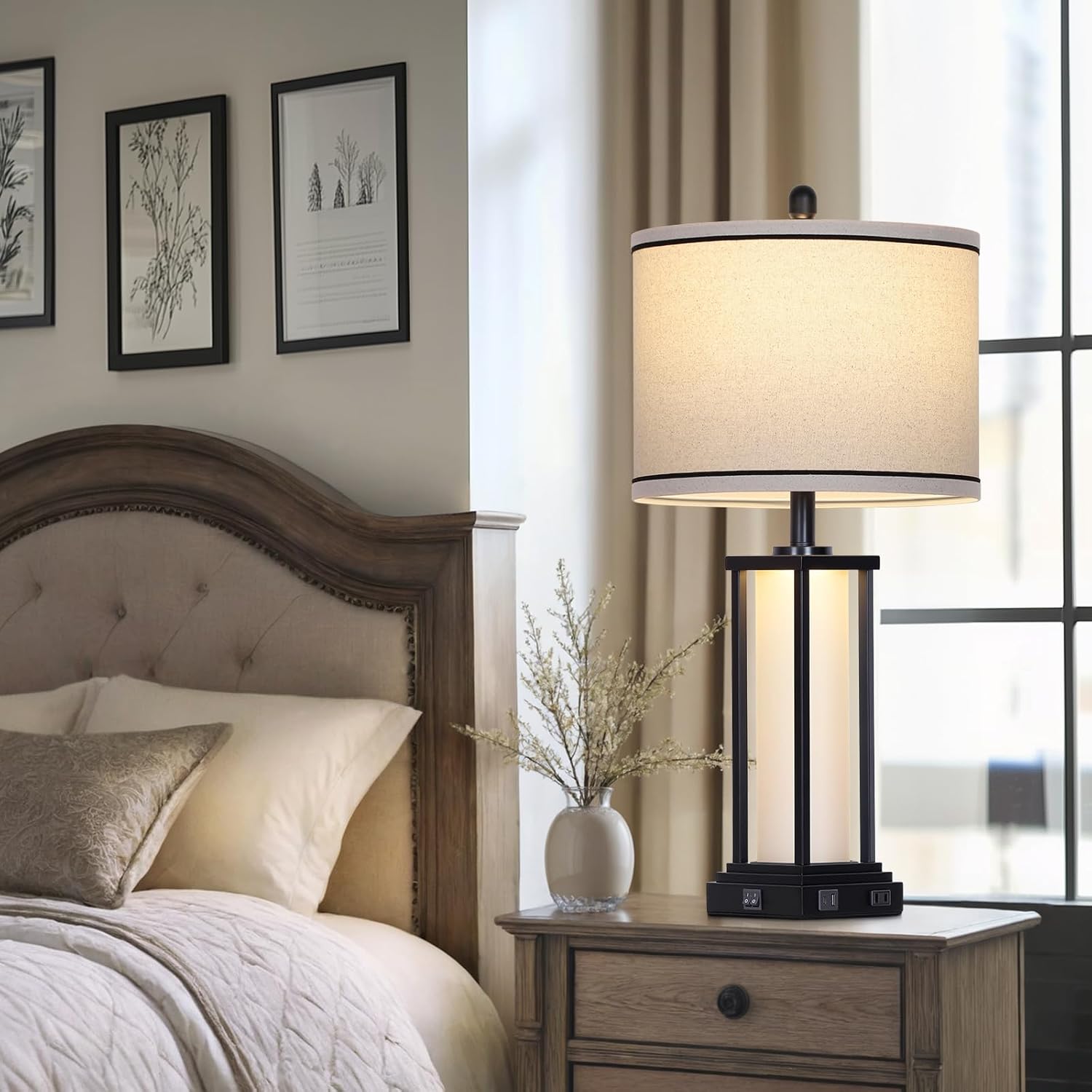 Cinkeda 27" Tall Vintage Table Lamp with USB C+A & Outlet, Black Industrial End Table Lamp for Living Room, Farmhouse Rustic Bedside Lamp…
