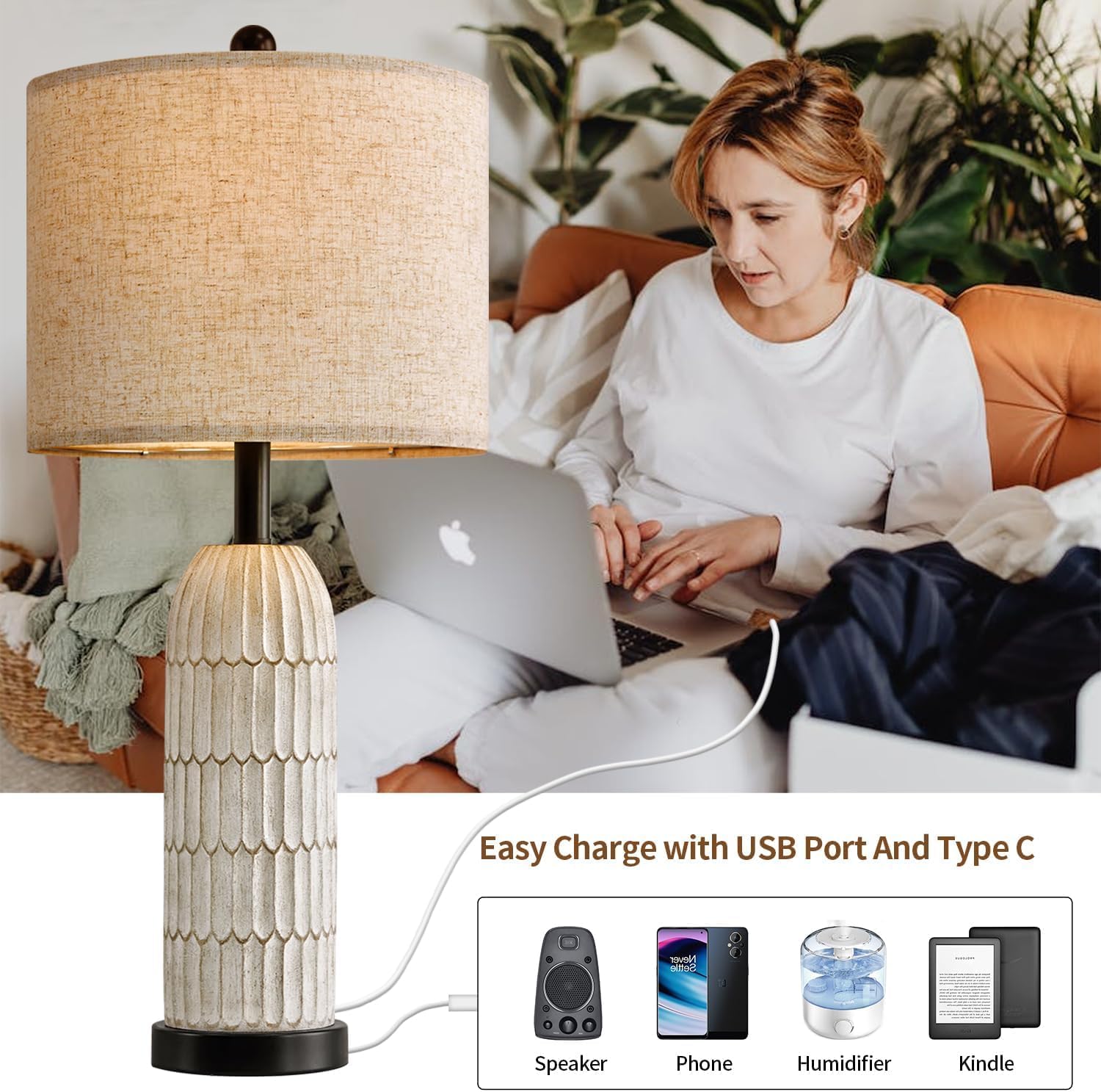 OYEARS 26.5" Bedside Table Lamps Set of 2, Farmhouse Table Lamp with USB A+C Charging Ports, Vintage Nightstand Lamp for Bedrooms and…