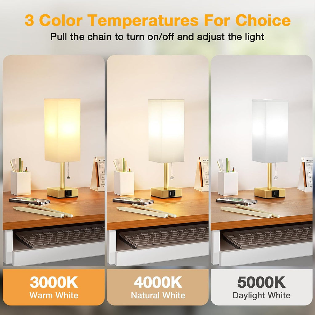 Aooshine White Small Table Lamp for Bedroom - 3 Color Temperature 3000K 5000K 4000K Bedside Lamp, Pull Chain Control, USB A and C Ports, Pu…