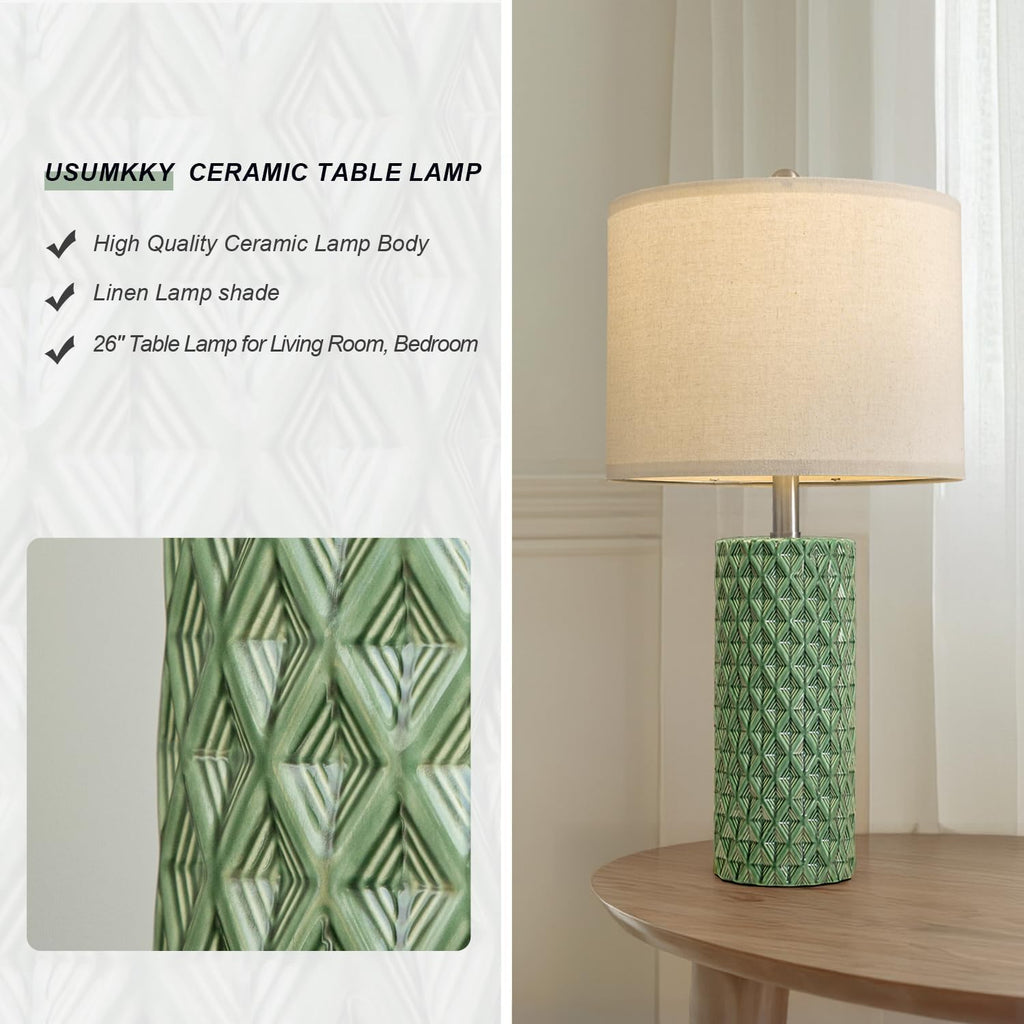 USumkky 26" Tall Table Lamp for Living Room -Green Lamps Set of 2 Modern Ceramic Lamps for Night Stands, Bedside Lamp for End Tables…