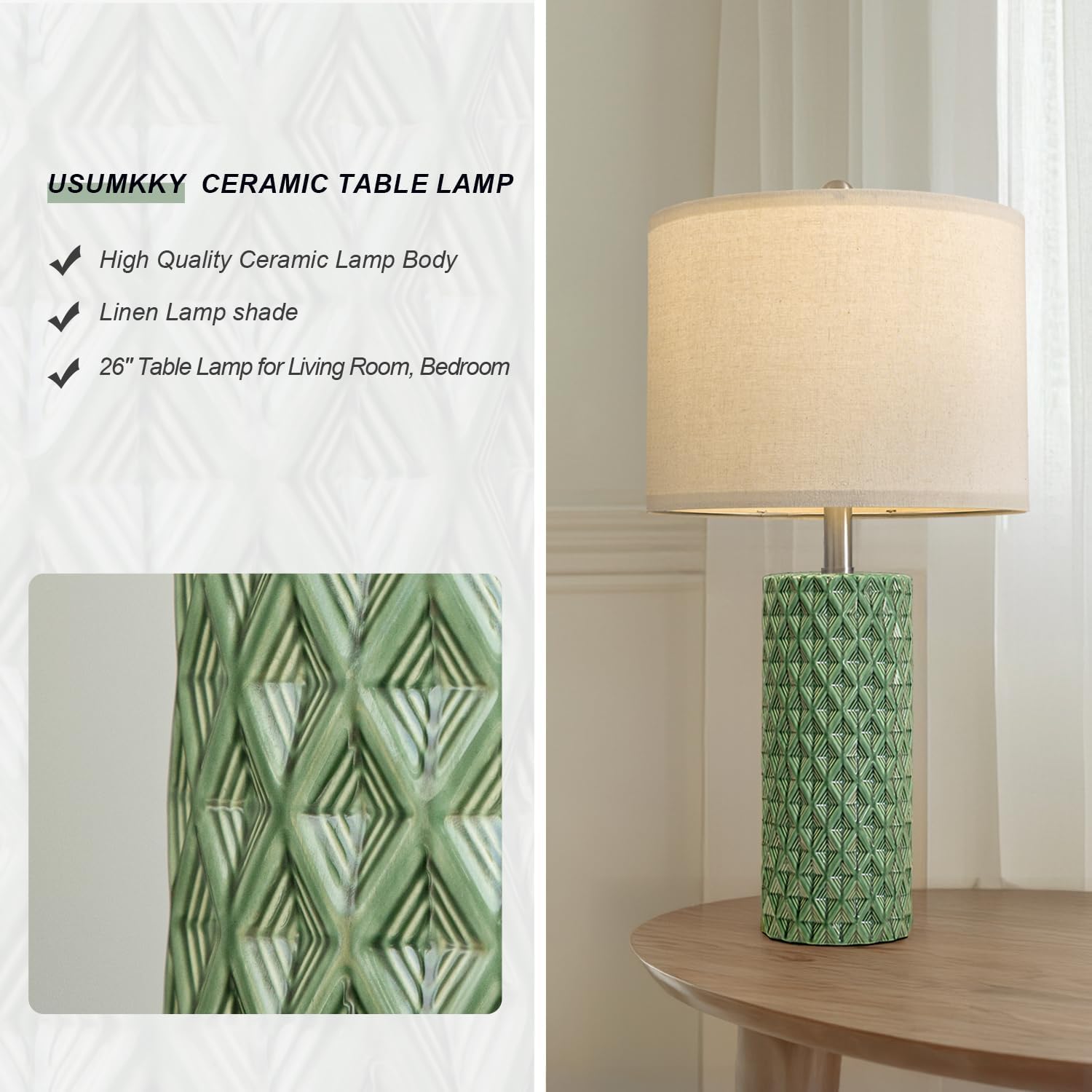USumkky 26" Tall Table Lamp for Living Room -Green Lamps Set of 2 Modern Ceramic Lamps for Night Stands, Bedside Lamp for End Tables…