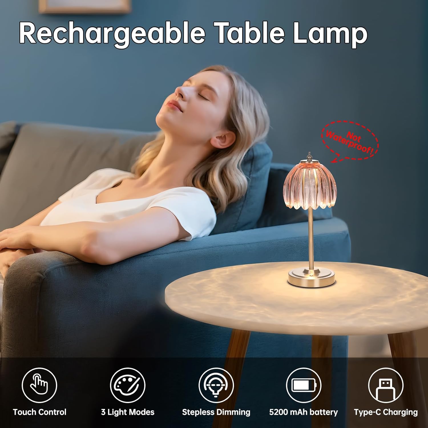 Shenmoyl Tulip Table Lamp with 5200mAh Battery & Touch Control, Cordless Small Table Lamp with 3 Colors, Dimmable Rechargeable Table…