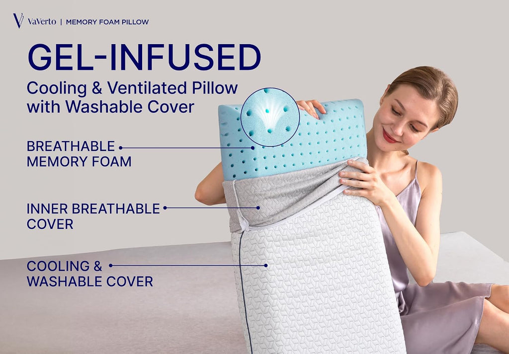 Vaverto Memory Foam Pillow 2-Pack – Cooling Gel-Infused Orthopedic Pillows for Neck and Shoulder, Firm Support with Removable Viscose Made…
