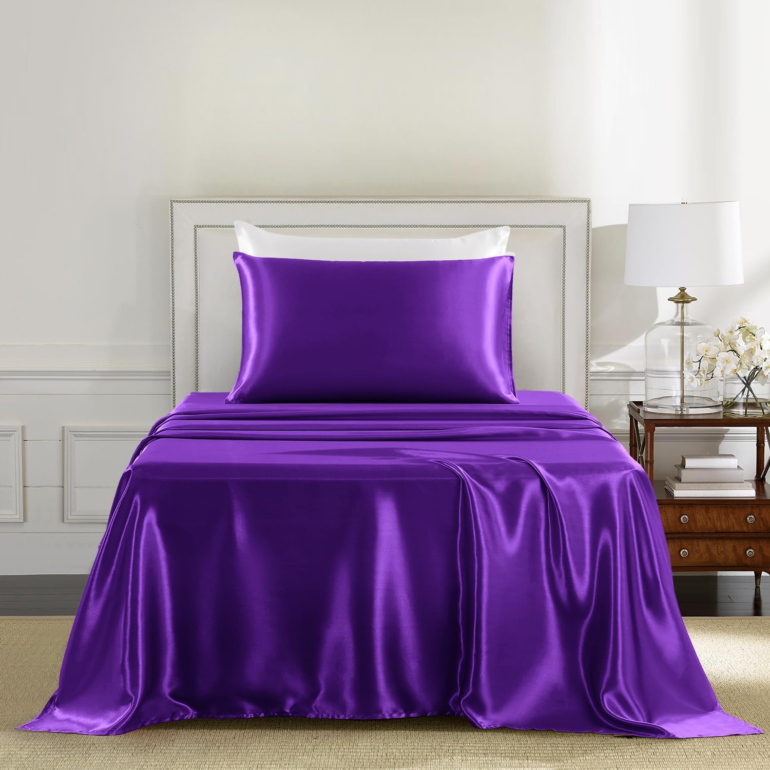 Golal Satin Bed Linen Set, 3Pcs Luxury Silky Soft Twin XL Sheets with Deep Pocket Fitted Sheet, Wrinkle-Free, Dark Purple 3Pcs