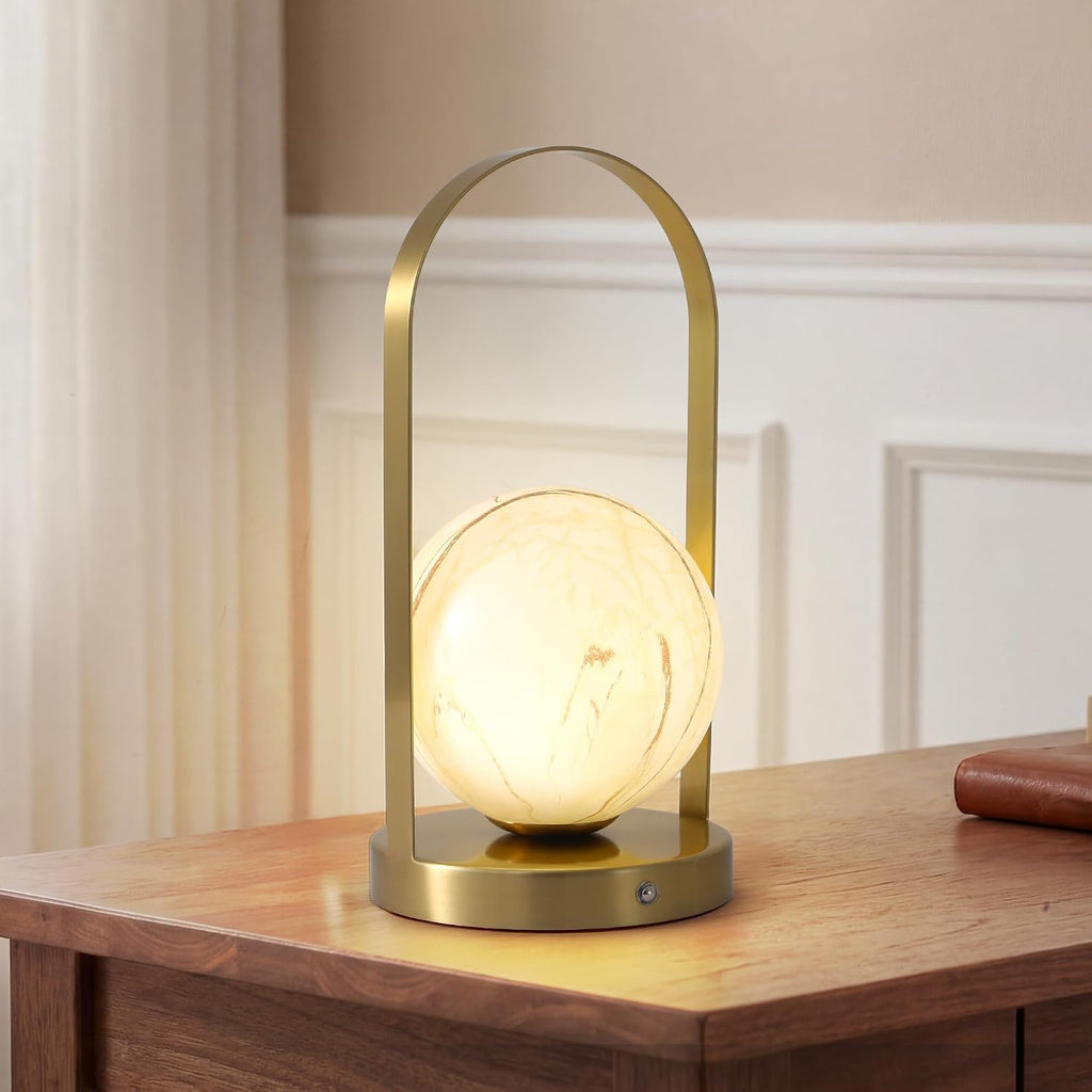 Portable Rechargeable Table Lamp with Marble Pattern Glass Shade – Gold Plated Metal Frame, Cordless LED Desk Light for Bedroom, Nursery…