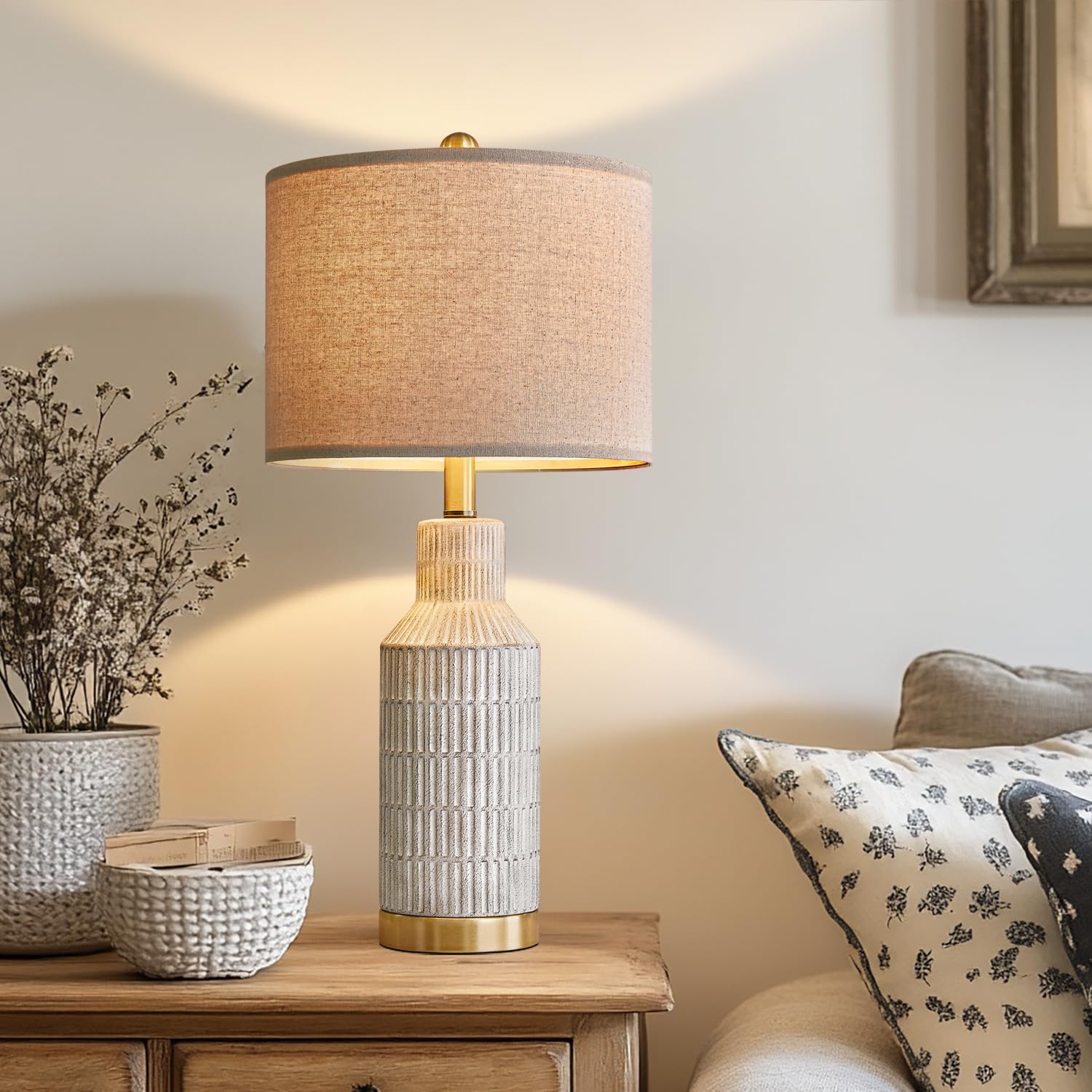 USumkky 25" Table Lamps Set of 2 - Modern Bedside Lamps for Living Room - White Washed Ceramic Nightstand Lamps for Bedroom