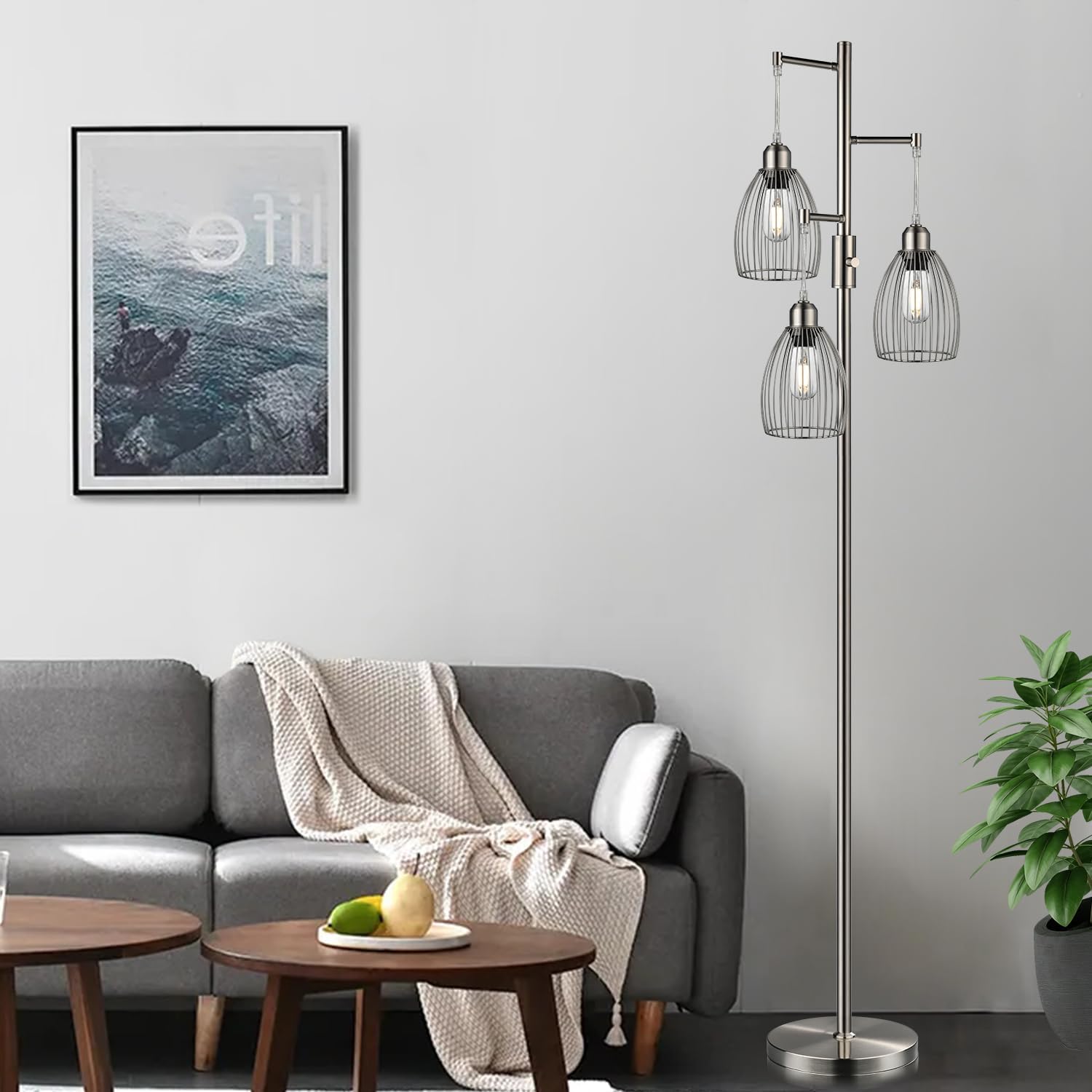 Nintiue Dimmable Floor Lamp, 3 x 800LM LED Edison Bulbs Included, Industrial Floor Lamp Standing Tree Lamp with Elegant Teardrop Cage…