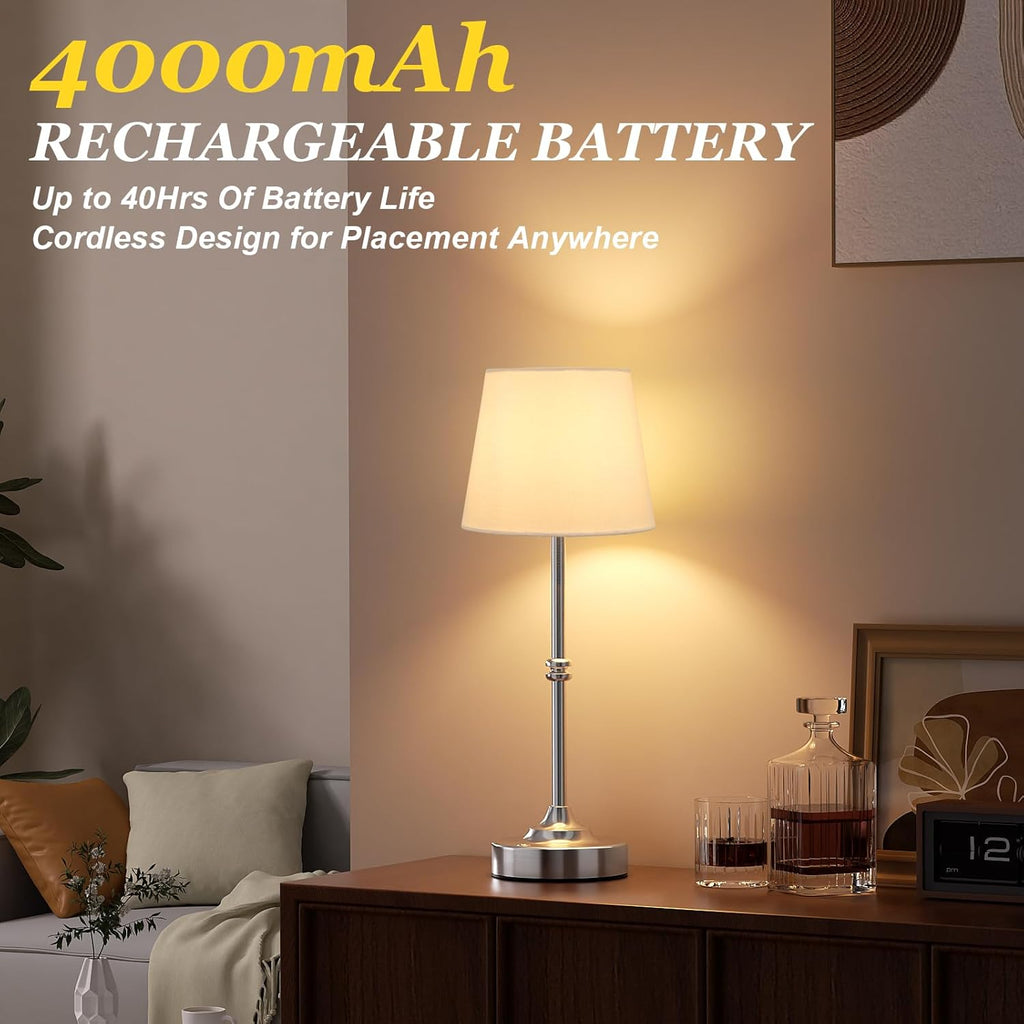 Kakanuo Rechargeable Cordless Table Lamp Silver - 1 Pack 4000mAh Battery Operated Lamp, 3000K Warm Light, Touch Control Stepless Dimming…