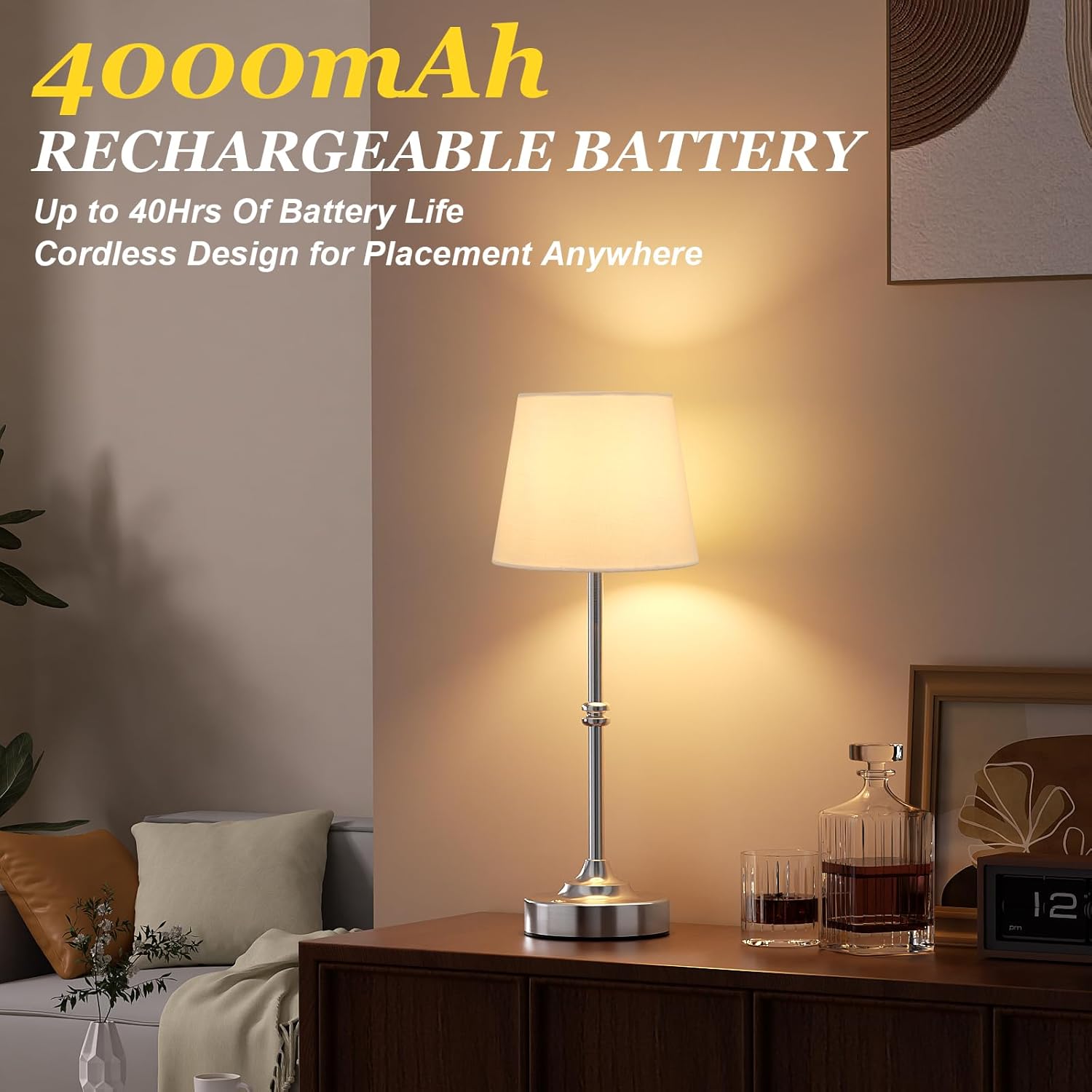 Kakanuo Rechargeable Cordless Table Lamp Silver - 2 Pack 4000mAh Battery Operated Lamp, 3000K Warm Light, Touch Control Stepless Dimming…