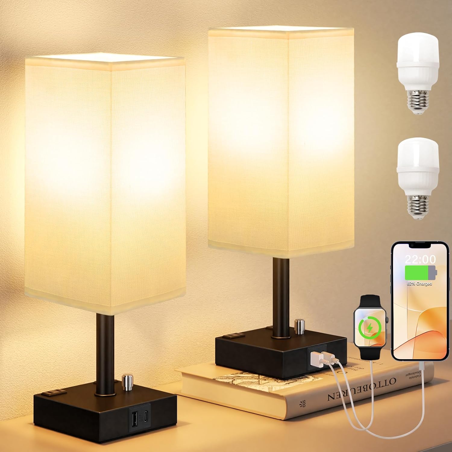 aooshine White Fully Dimmable Nightstand Lamps Set of 2 - Table Bedside Lamp with USB C+A Charging Ports & 2 AC Outlets, Square Lamp Sets…