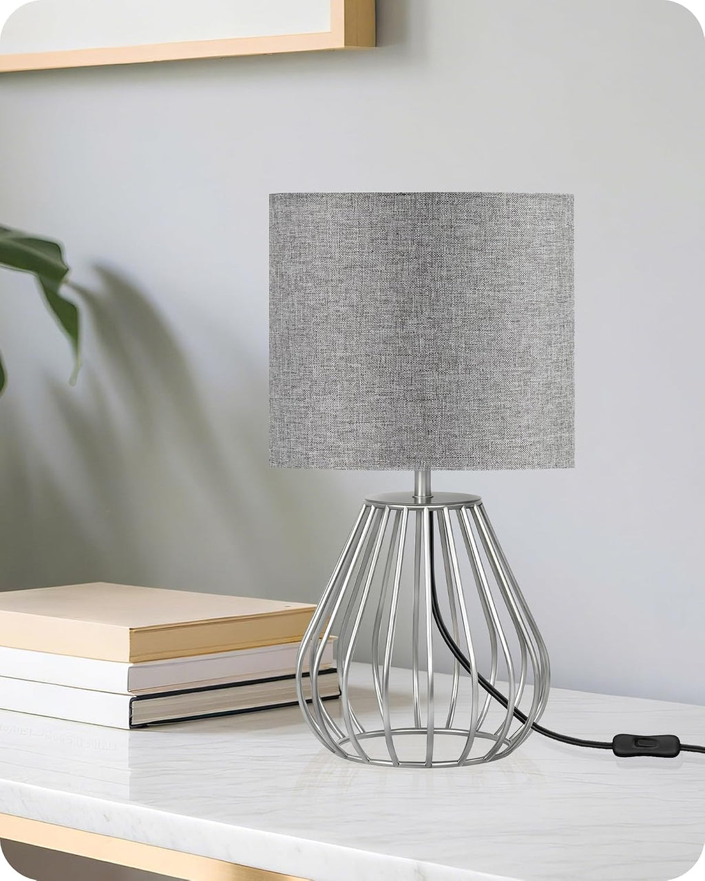 Small Table Lamp, Bedside Lamp with Gray Linen Lampshade & Silver Metal Base, Modern Nightstand Lamp, Little Cute Desk Lamp for Bedroom…