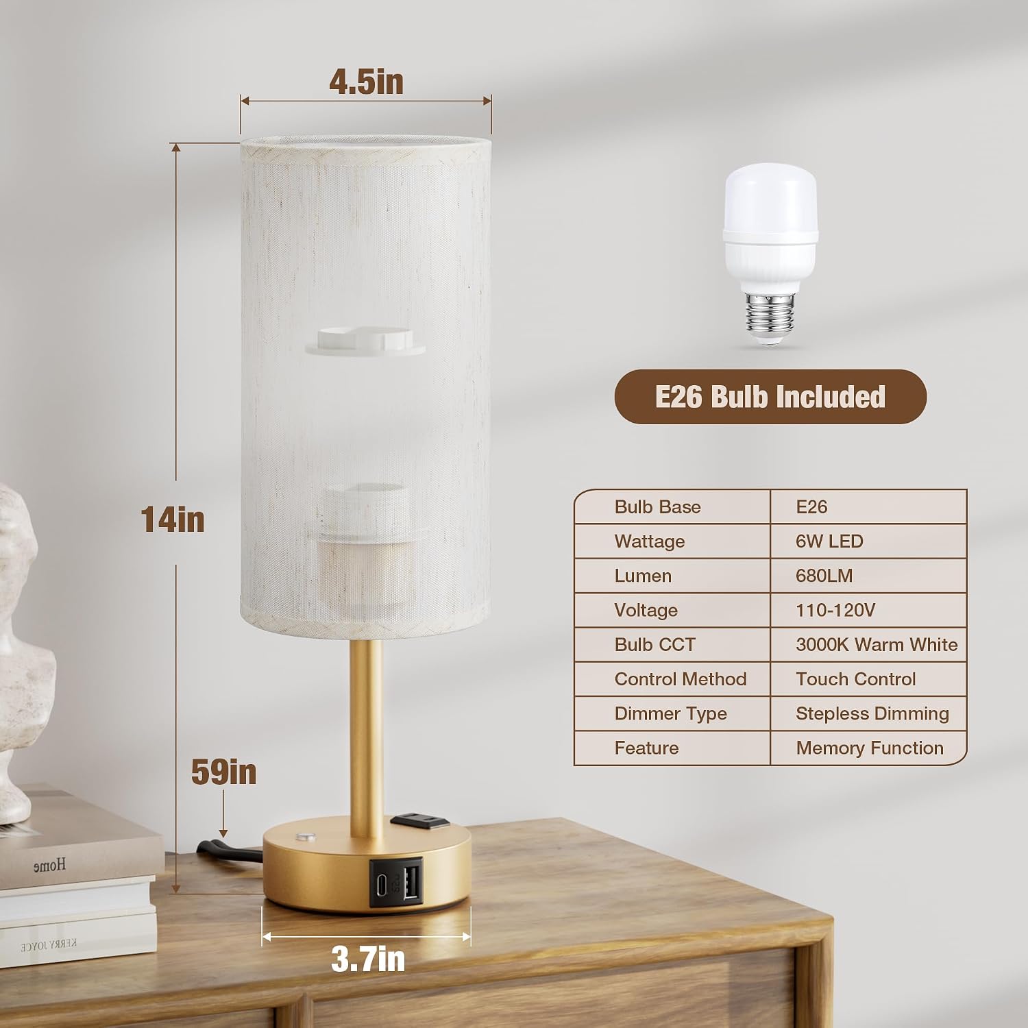 Aooshine Touch Bedside Table Lamp with Memory - Stepless Dimmable Lamp for Bedroom, Small Nightstand Lamp with Dual USB Charging Ports and…