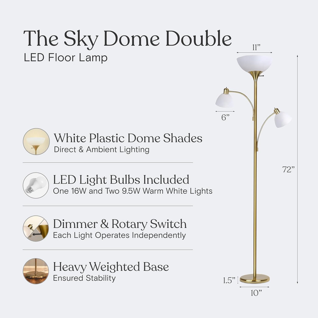 Brightech Sky Dome Double LED Floor lamp, Torchiere Super Bright Floor Lamp with 2 Reading Lamps for Living Rooms & Offices - Dimmable…