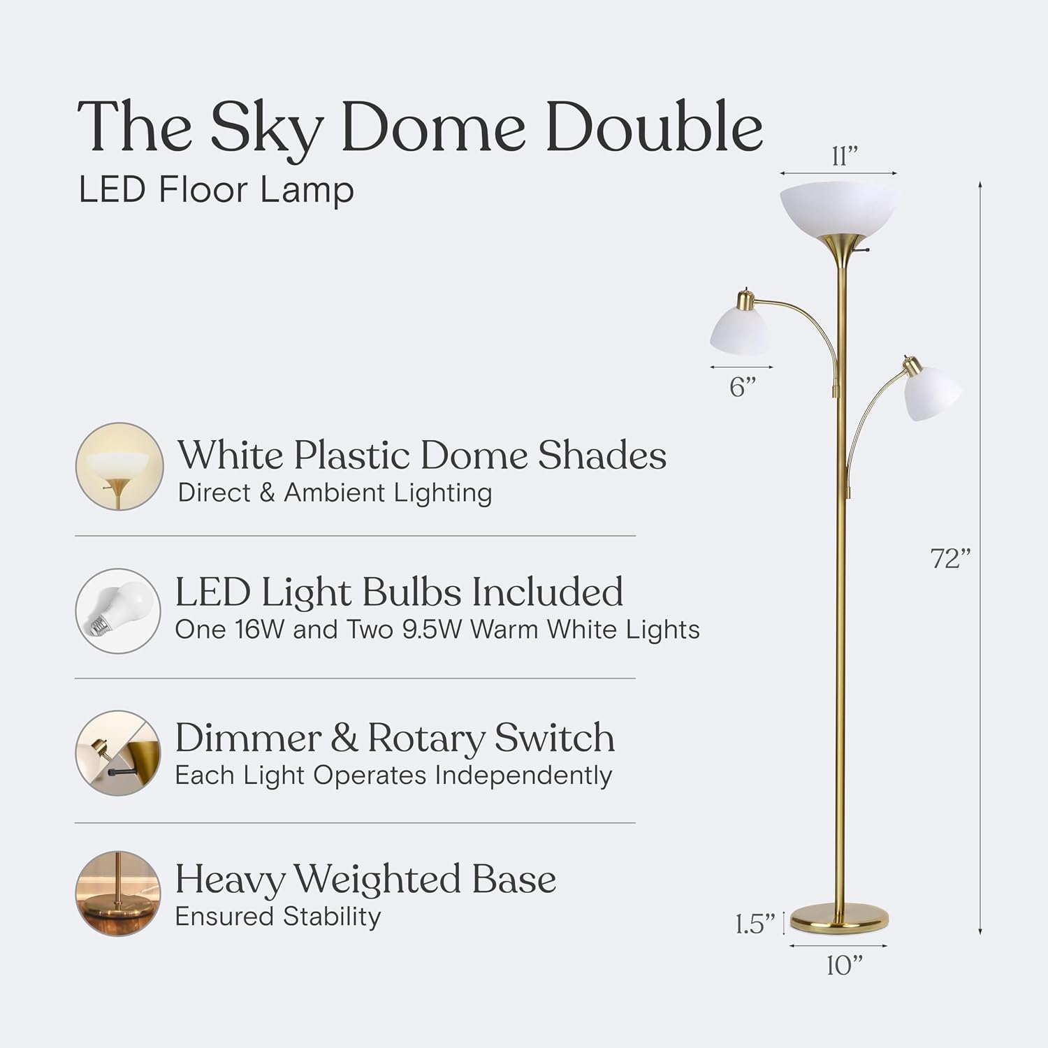 Brightech Sky Dome Double LED Floor lamp, Torchiere Super Bright Floor Lamp with 2 Reading Lamps for Living Rooms & Offices - Dimmable…