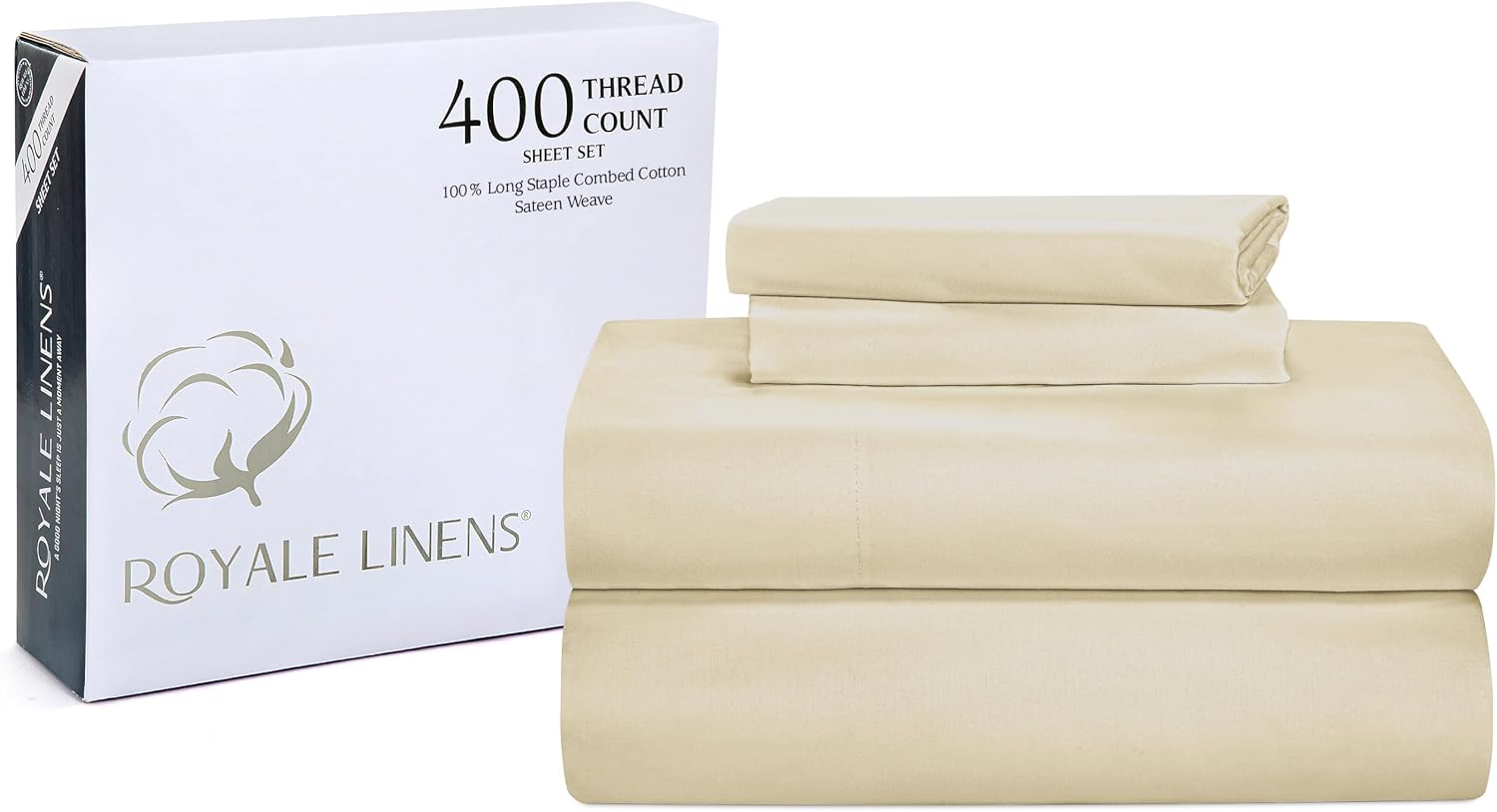 Royalelinens ROYALE LINENS 400 Thread Count 100% American Grown Cotton 4 Piece Sateen Queen Sheet Set - 1 Fitted Sheet, 1 Flat Sheet, 2 Pil…