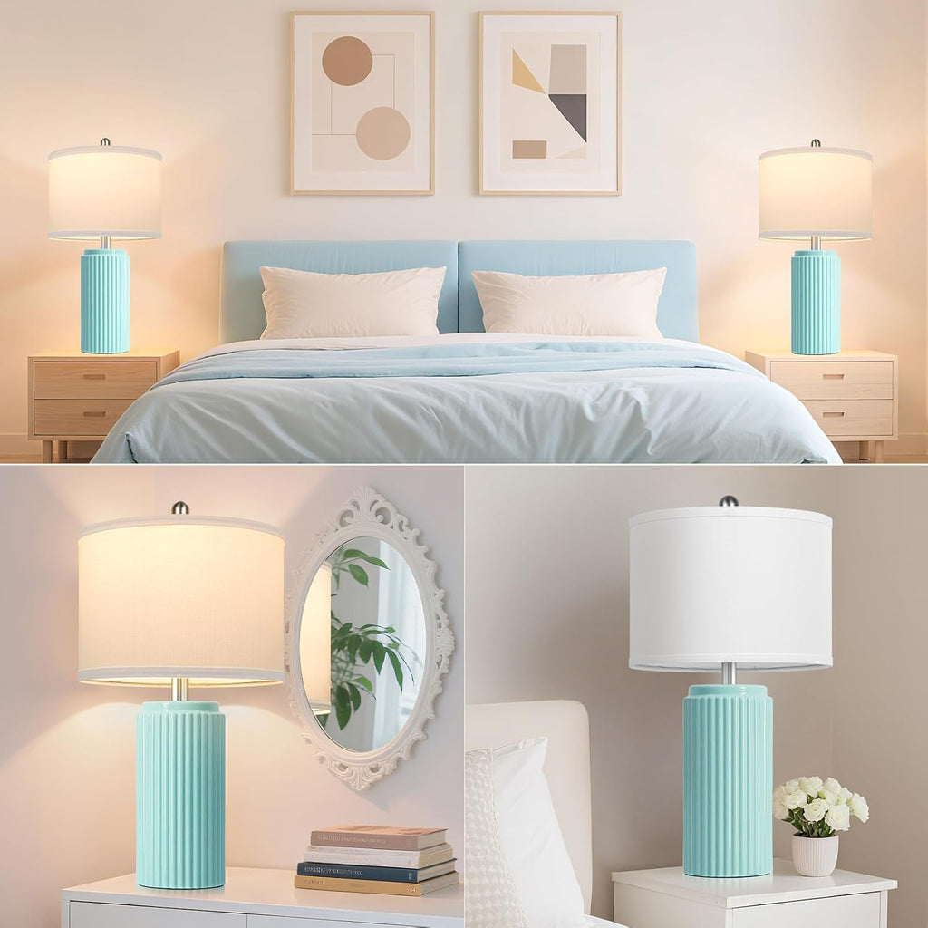 Tobusa 23.5’’ Light Green Coastal Table Lamps for Bedroom Set of 2, Modern Ceramic Nightstand Lamps for Living Room, Elegant Bedside Lamps…
