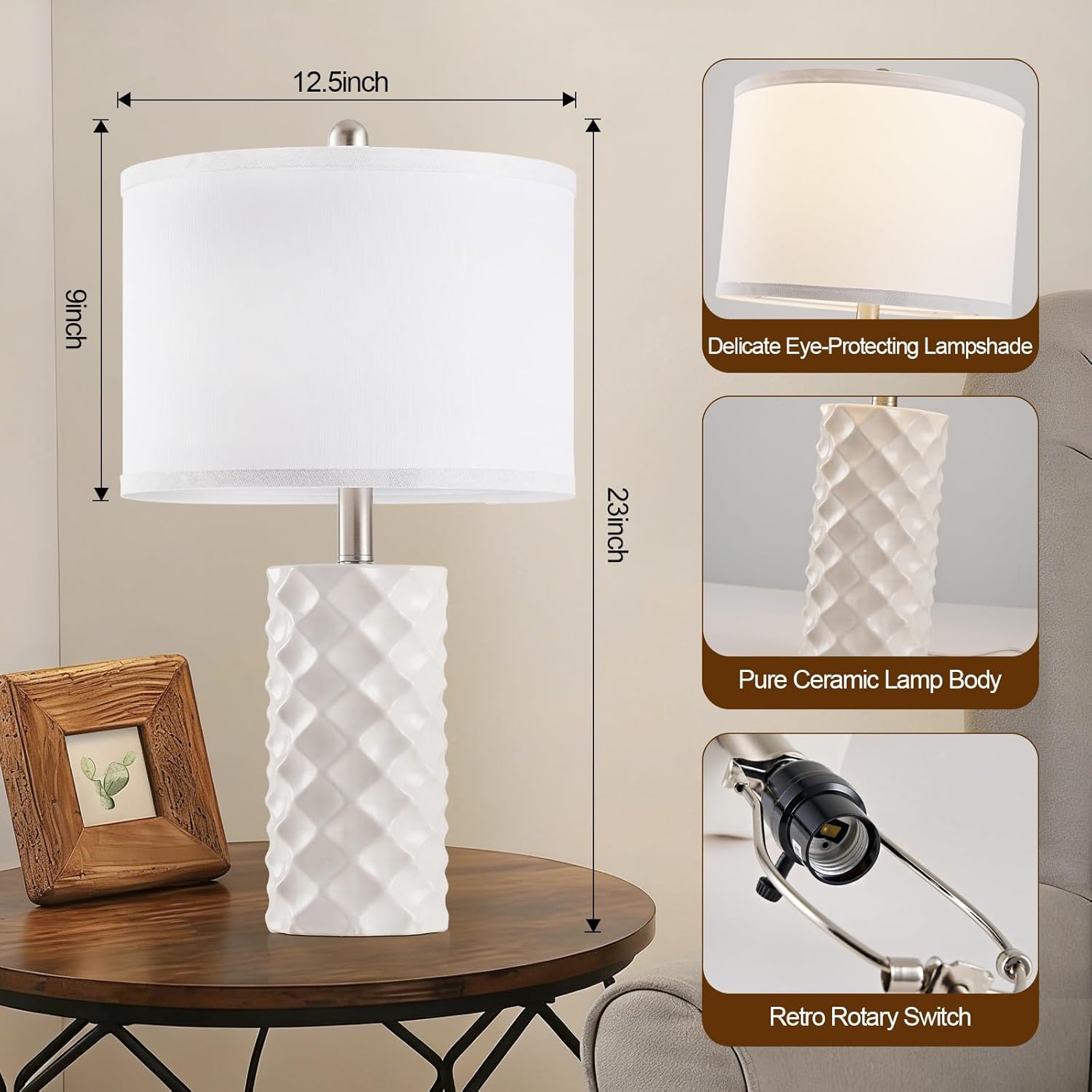 BLHDZJR Gentle Beige & Star Diamond Ceramic Table Lamps (Set of 2) - 23" Luxe Modern Bedside Lamps for Nightstand, bedrooms, Living R…