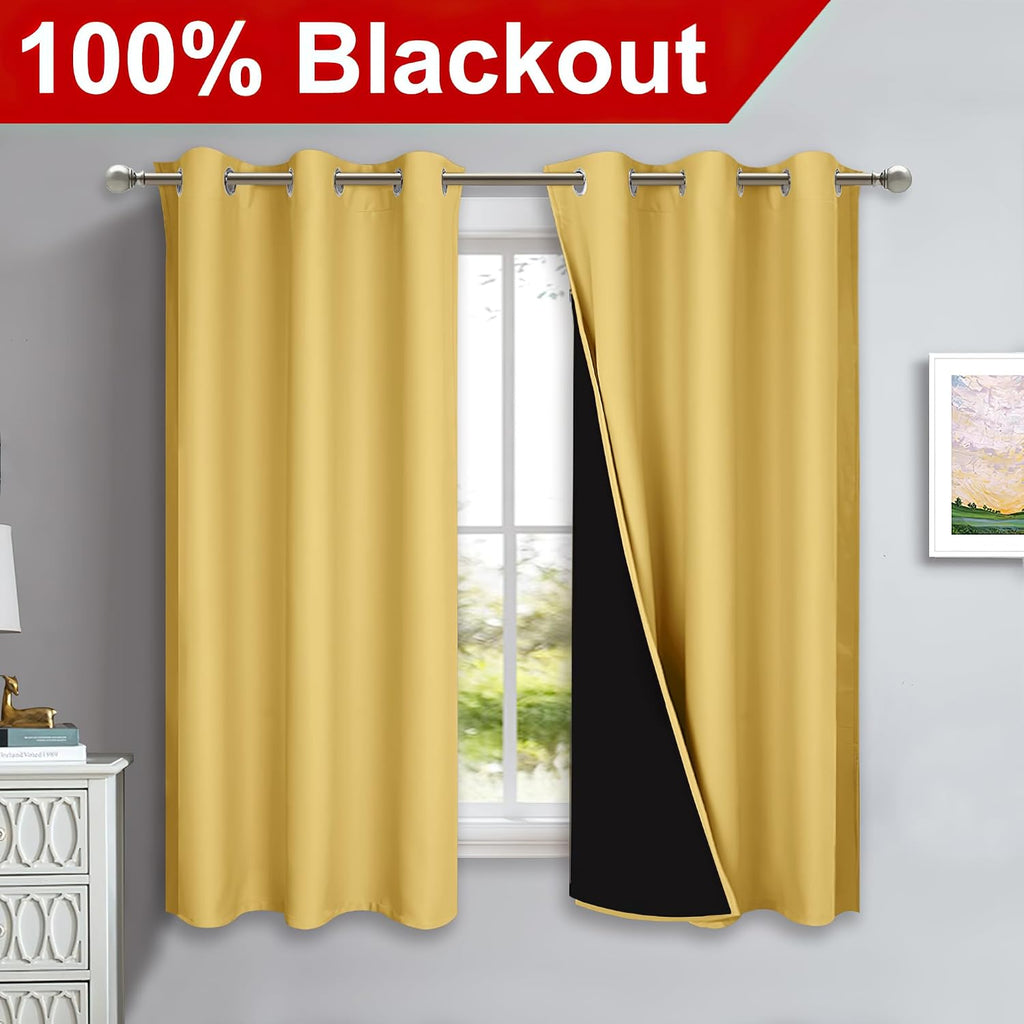 Nicetown 100% Blackout Curtains with Black Liners, Solid Thermal Insulated Full Blackout 2-Layer Lined Drapes, Energy Efficiency Window Dra…