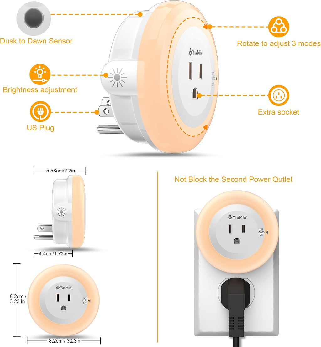 YiaMiaNightLights YiaMia Night Lights Plug Into Wall, Dusk to Dawn Sensor Night Light with Outlet, Warm Light Dimmable Nightlights–5-25 Lum…