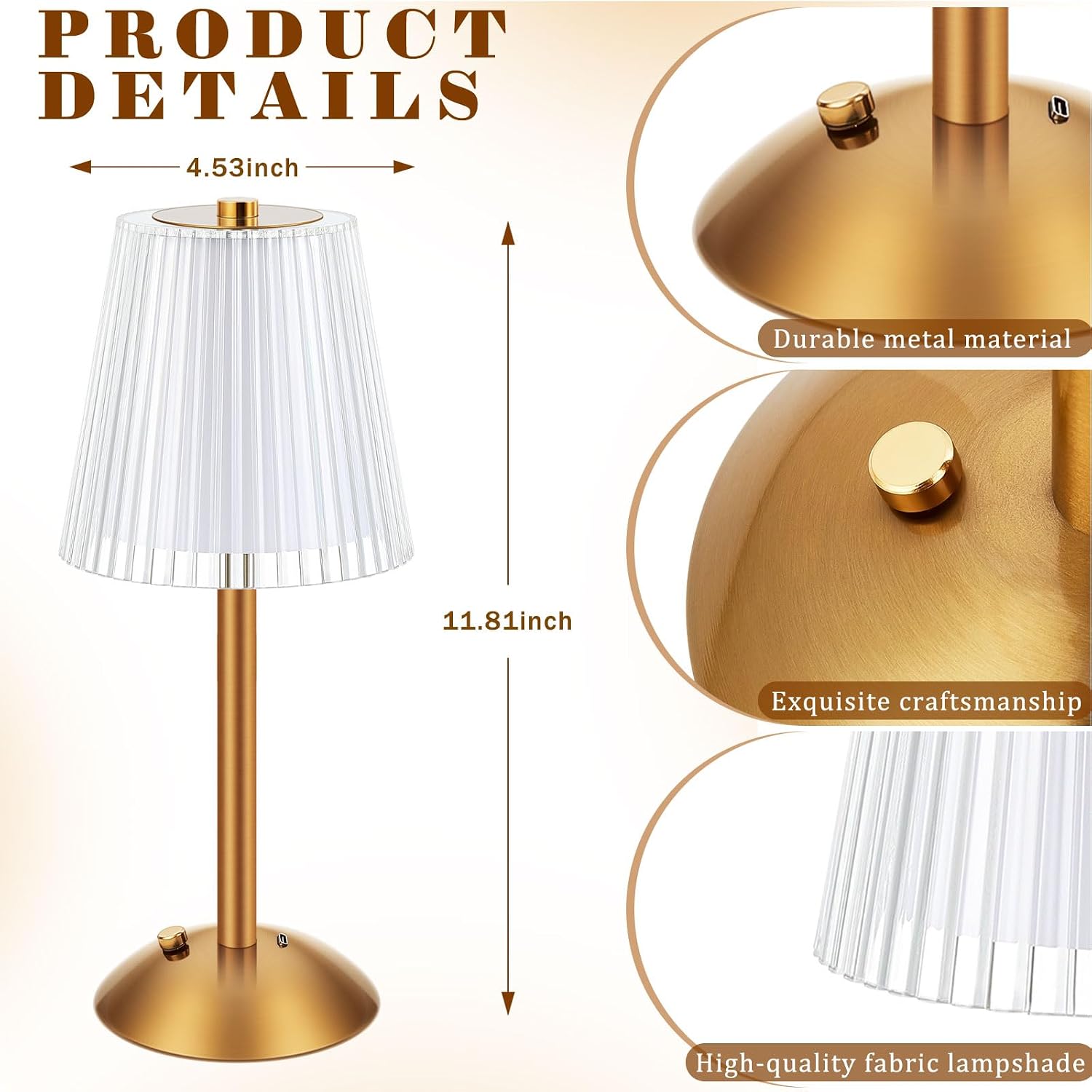Liliful 1 Pcs Cordless Table Lamp Rechargeable Touch LED Small Gold Portable Battery Operated USB-c Desk Lamp 3 Color Dimmable for…