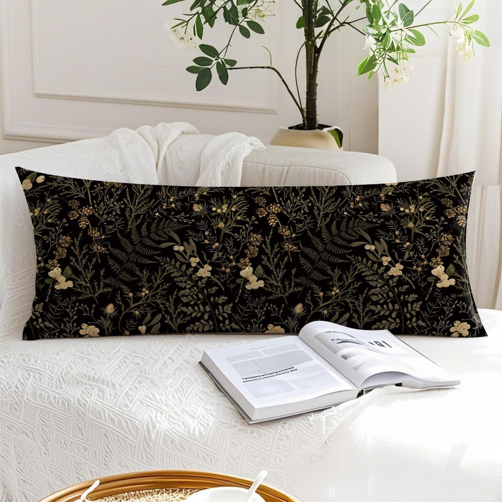 Moody Floral Botanical 20x54 Body Pillow Cover, Dark Aesthetic Room Decor, Rustic Dark Cottagecore Gold Plants Flower Botanical…