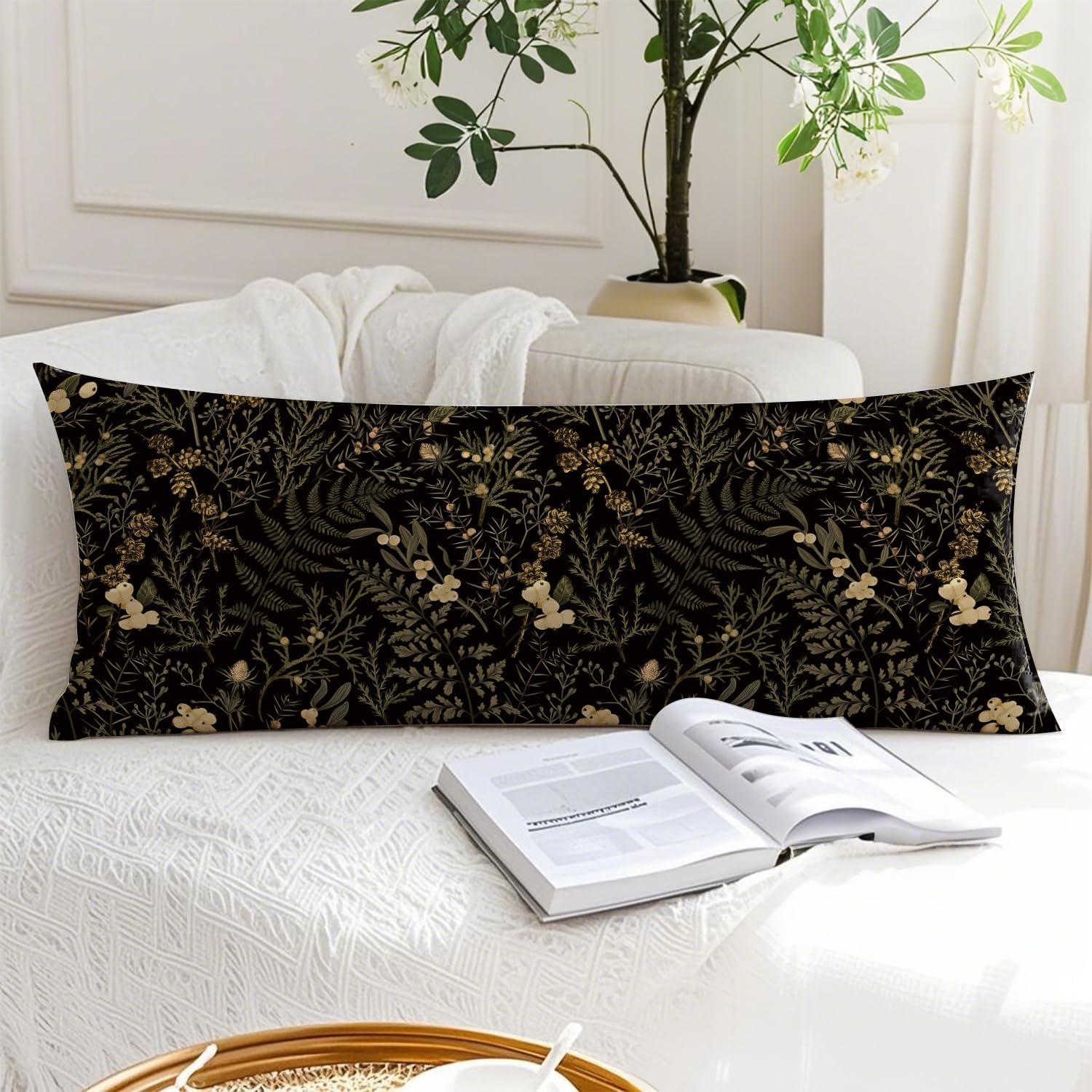 Moody Floral Botanical 20x54 Body Pillow Cover, Dark Aesthetic Room Decor, Rustic Dark Cottagecore Gold Plants Flower Botanical…