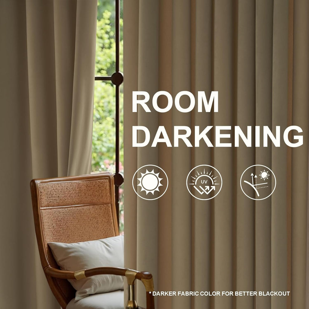 Drapenova 102 Inch Long Custom Velvet Curtains, Beige Room Darkening Noise-Reducing Pleated Drapes with Hooks and Back Tab, Modern Wh…