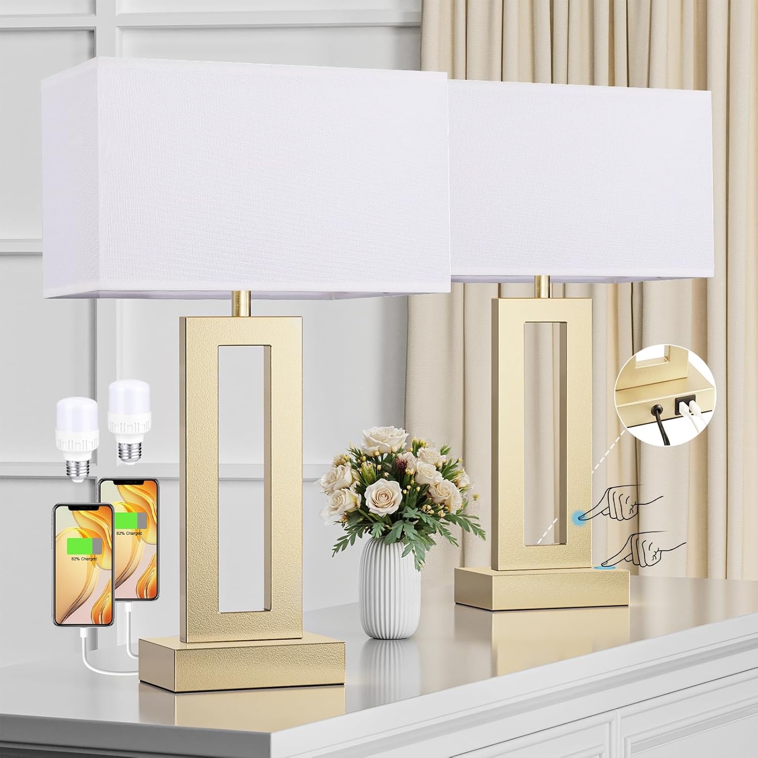 Seealle Nightstand Table Lamps for Bedrooms Set of 2 - Touch Bedside Lamp with USB C+A, 3 Way Dimmable Living Room Lamps for End Tables…